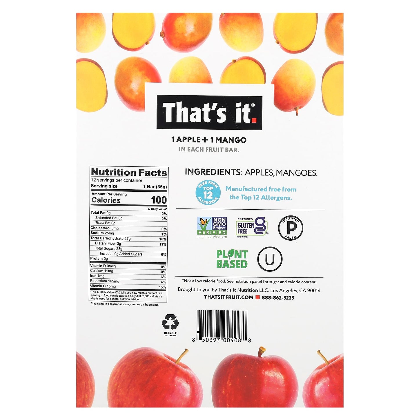 That's It, Fruit Bars, Apple + Mangoes, 12 Bars, 1.2 oz (35 g) Each