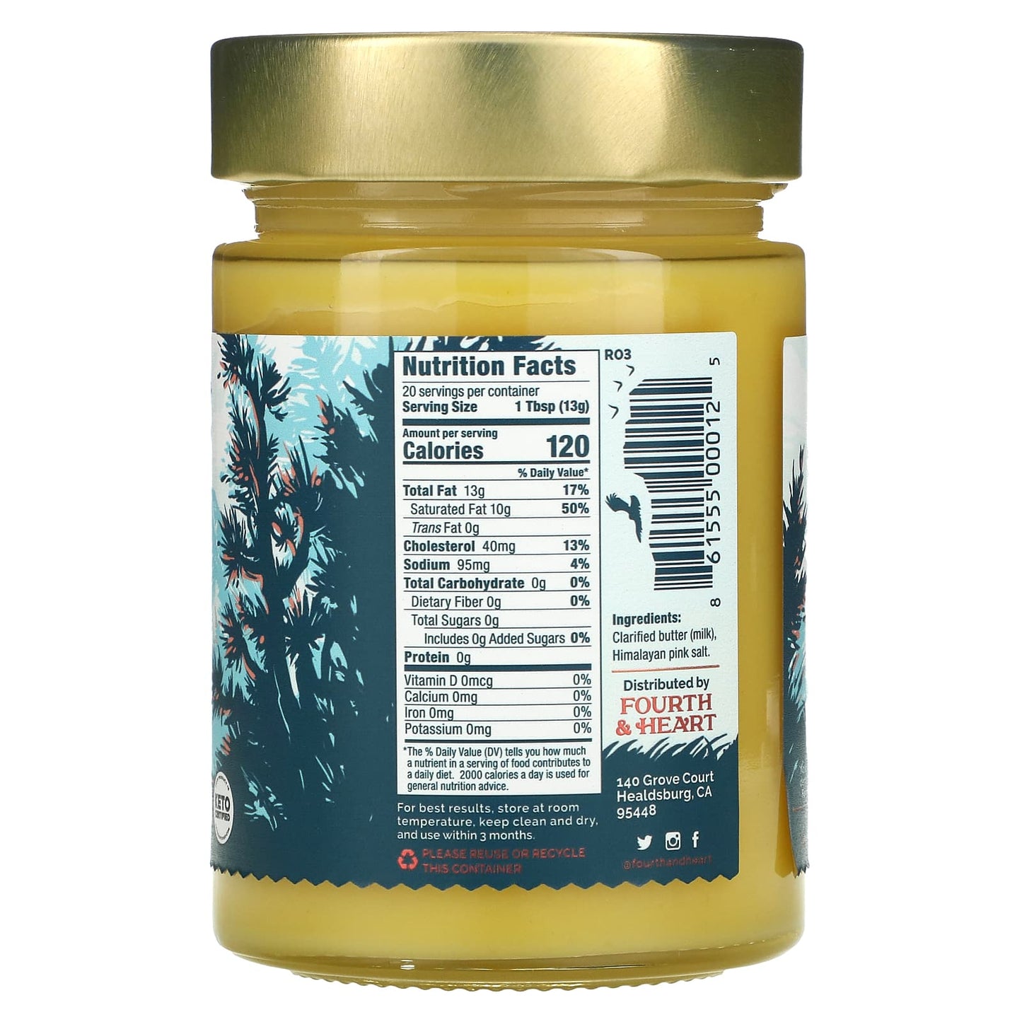 4th & Heart, Ghee Clarified Butter, Grass-Fed, Himalayan Pink Salt, 9 oz (225 g)