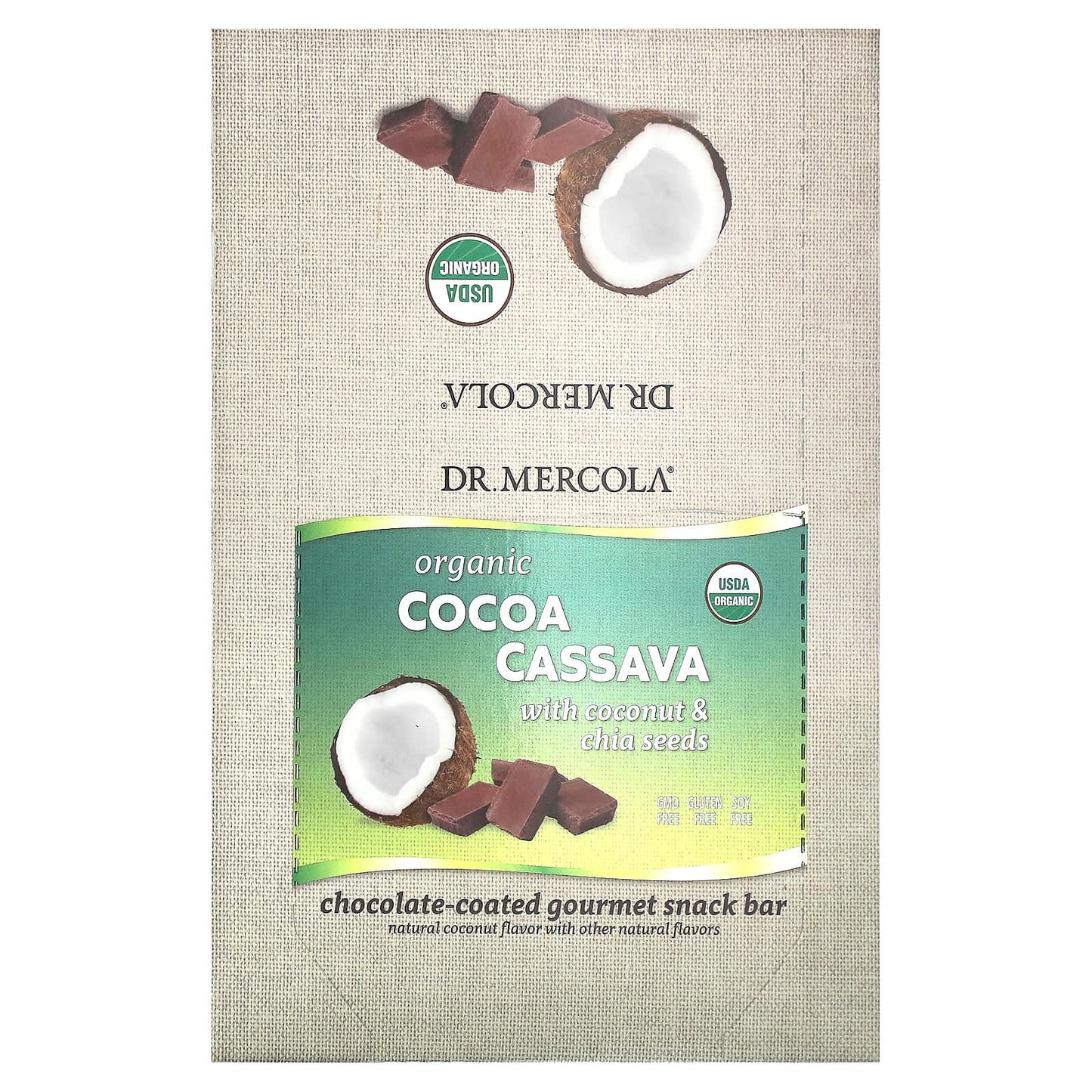 Dr. Mercola-Organic Cocoa Cassava with Coconut & Chia Seeds-12 Bars-1.55 oz (44 g) Each