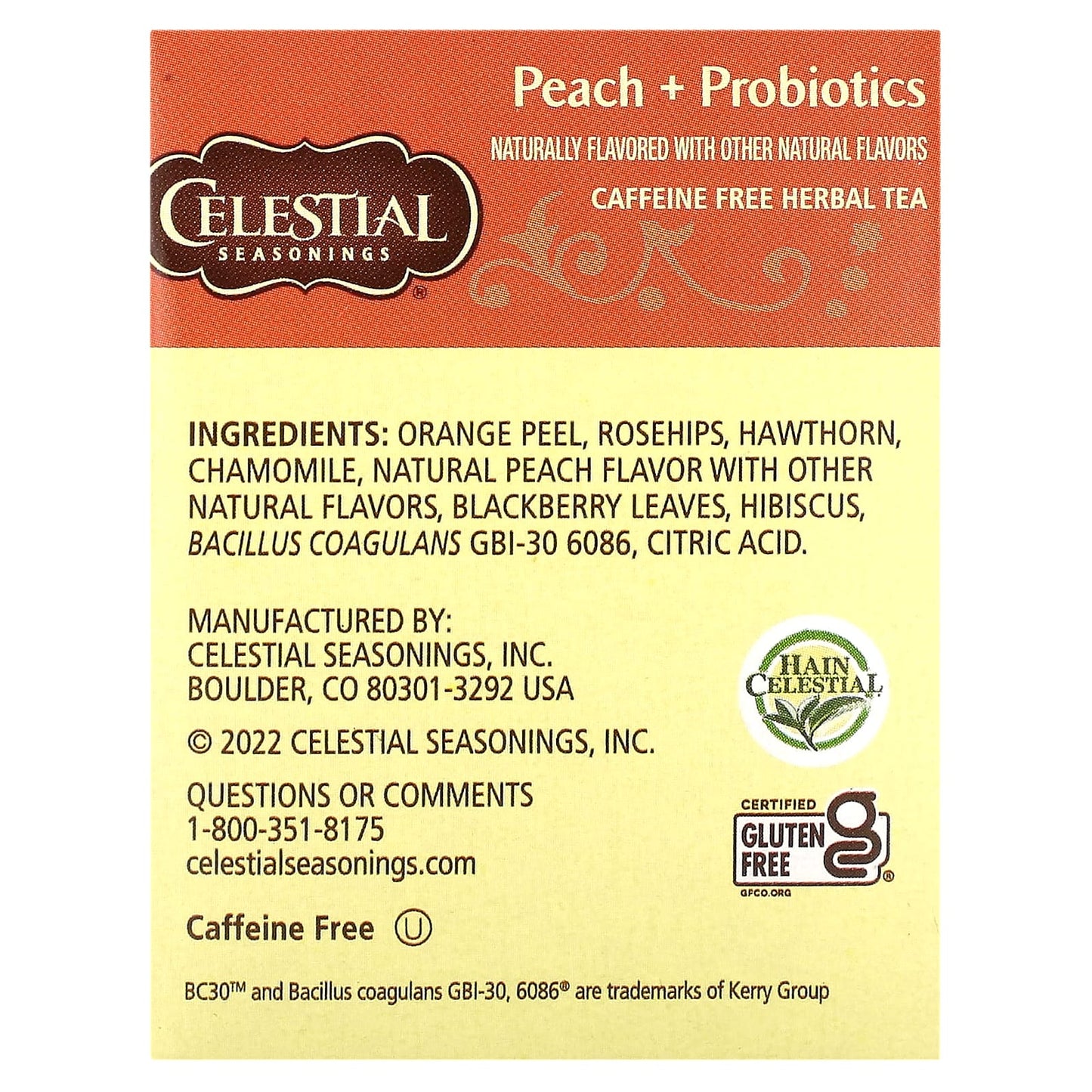 Celestial Seasonings, Herbal Tea, Peach + Probiotics, Caffeine Free, 16 Tea Bags, 1.12 oz (31 g)