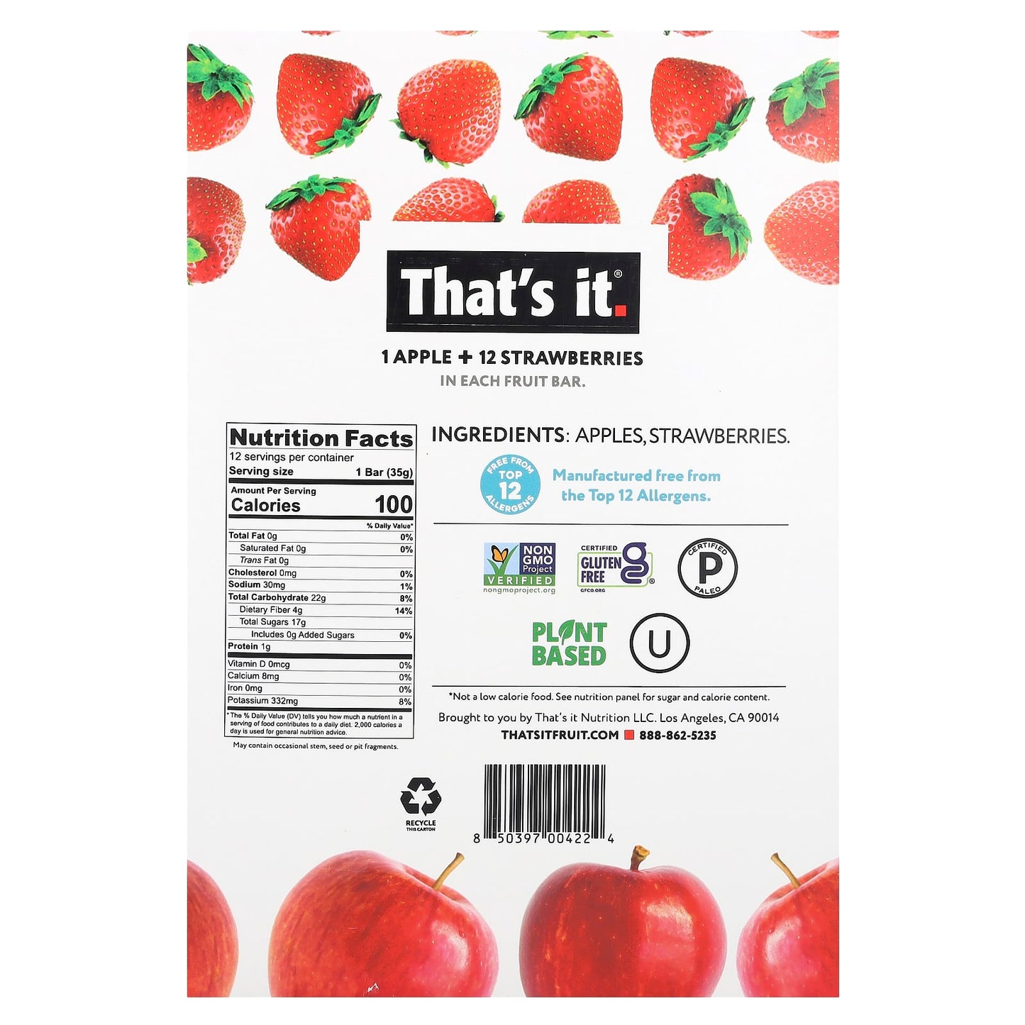 That's It, Fruit Bars, Apple + Strawberries, 12 Bars, 1.2 oz (35 g) Each