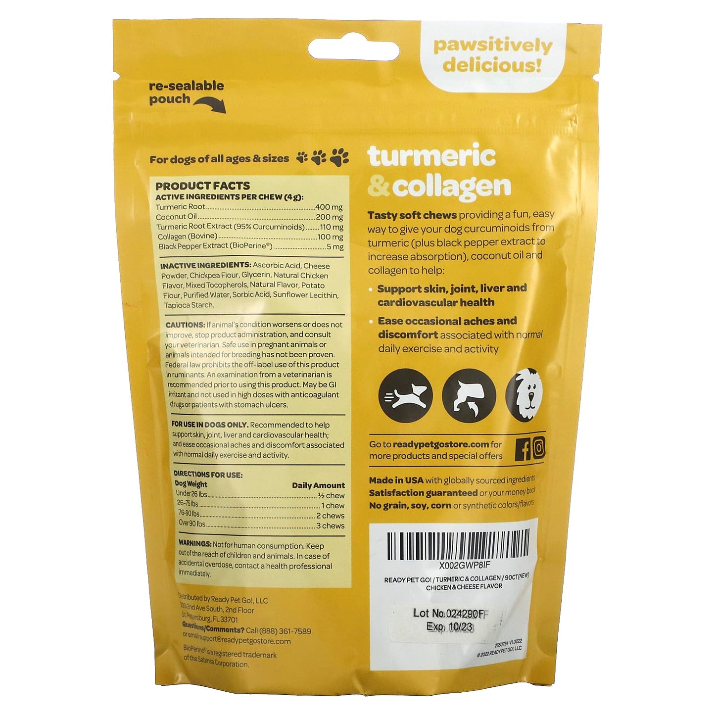 Ready Pet Go, Turmeric & Collagen, For Dogs, All Ages, Chicken & Cheese, 90 Soft Chews, 12.7 oz (360 g)