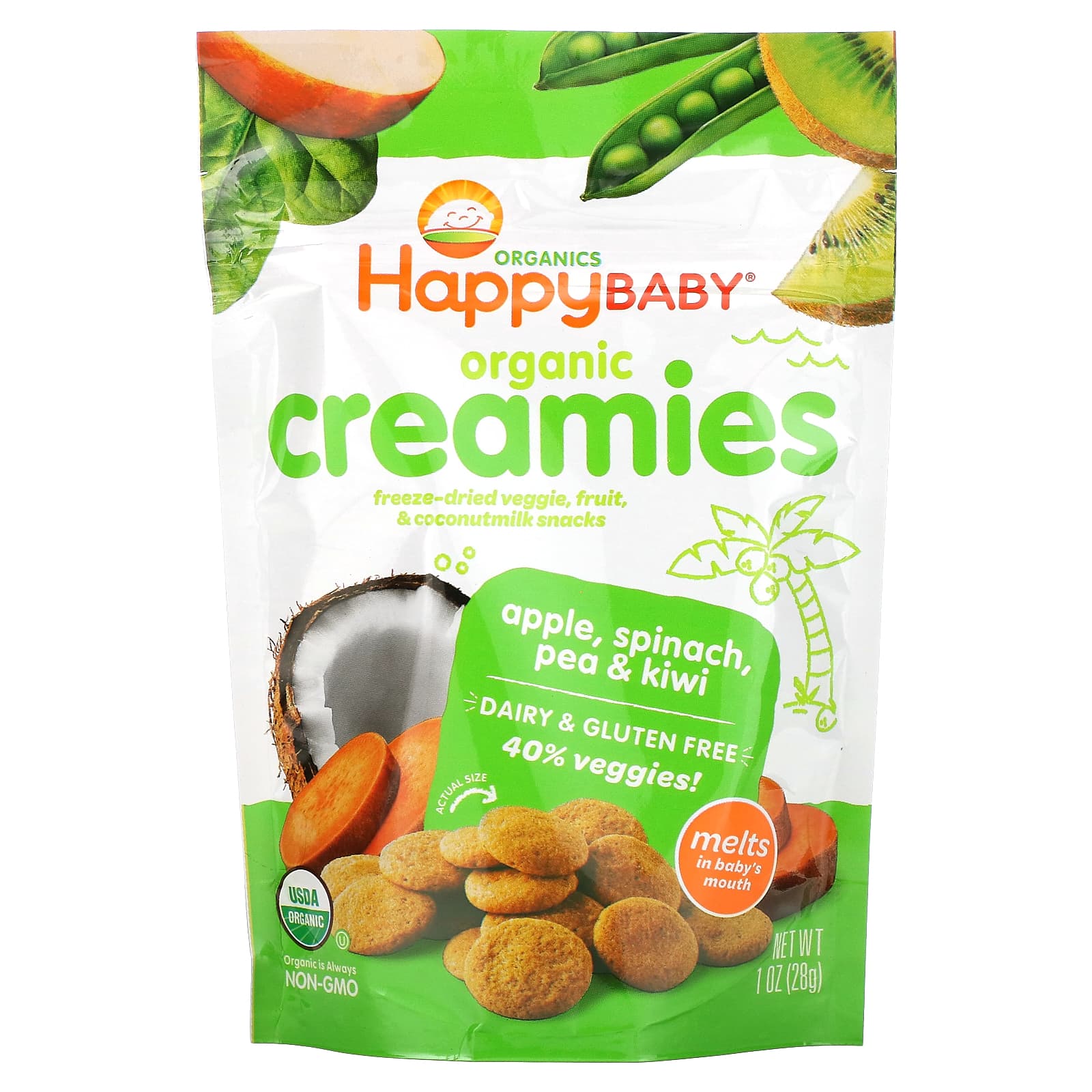 Happy Family Organics-Creamies-Freeze-Dried Veggie-Fruit & Coconut Milk Snacks-Apple-Spinach-Pea & Kiwi-1 oz (28 g)