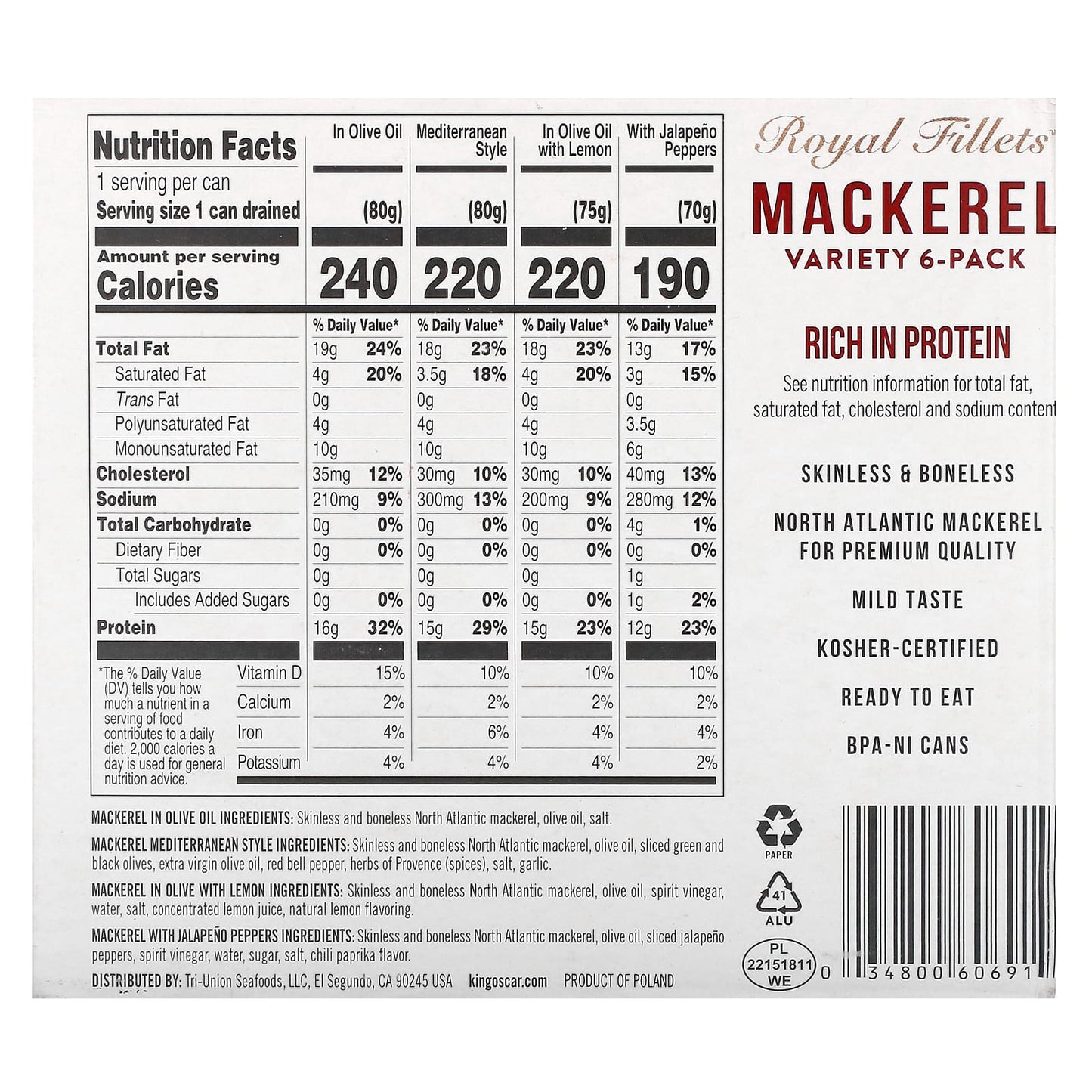 King Oscar, Royal Fillets, Mackerel, Variety 6-Pack, 6 Cans, 4.05 oz (115 g) Each