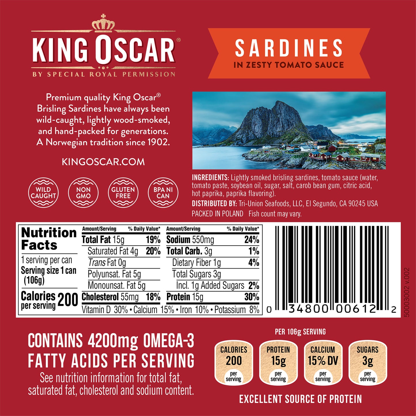 King Oscar, Wild Caught Sardines, In Zesty Tomato Sauce, 3.75 oz (106 g)