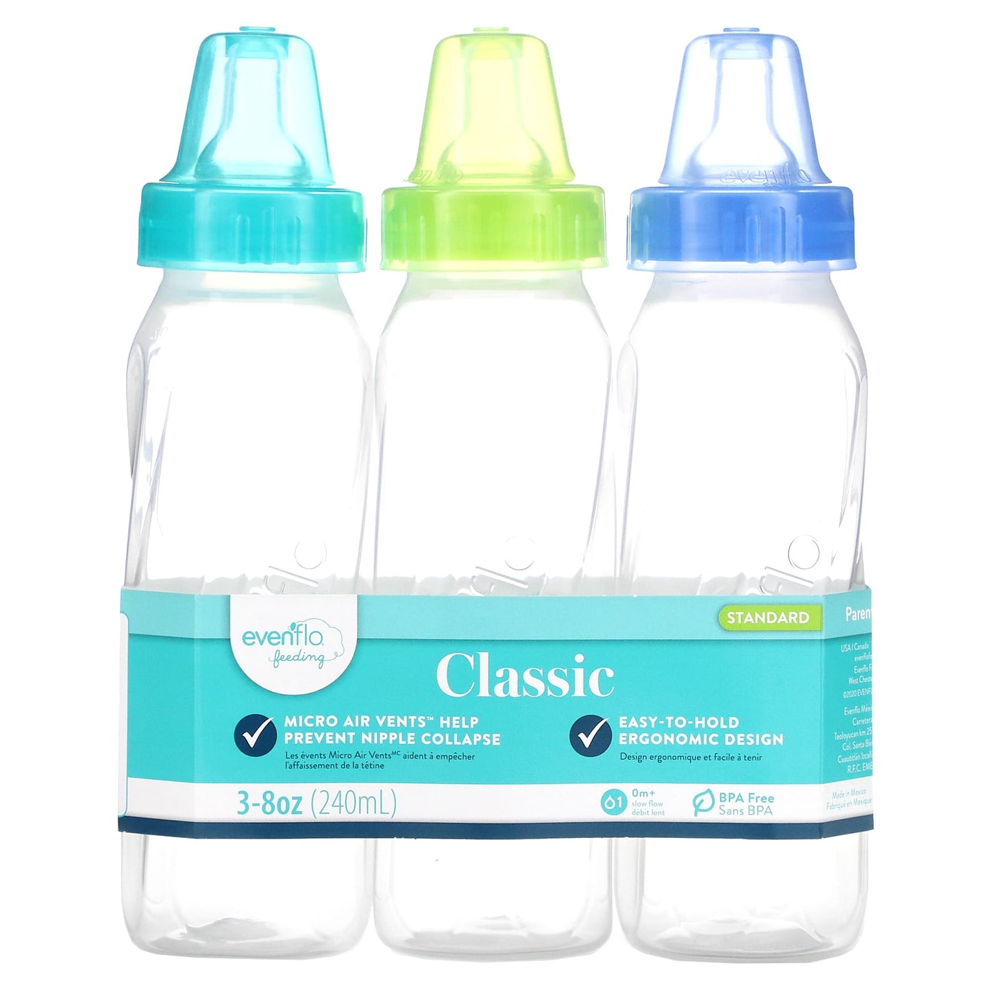 Evenflo Feeding-Classic Bottles-Standard-0+ Months-Slow Flow-3 Bottles-8 oz (240 ml) Each