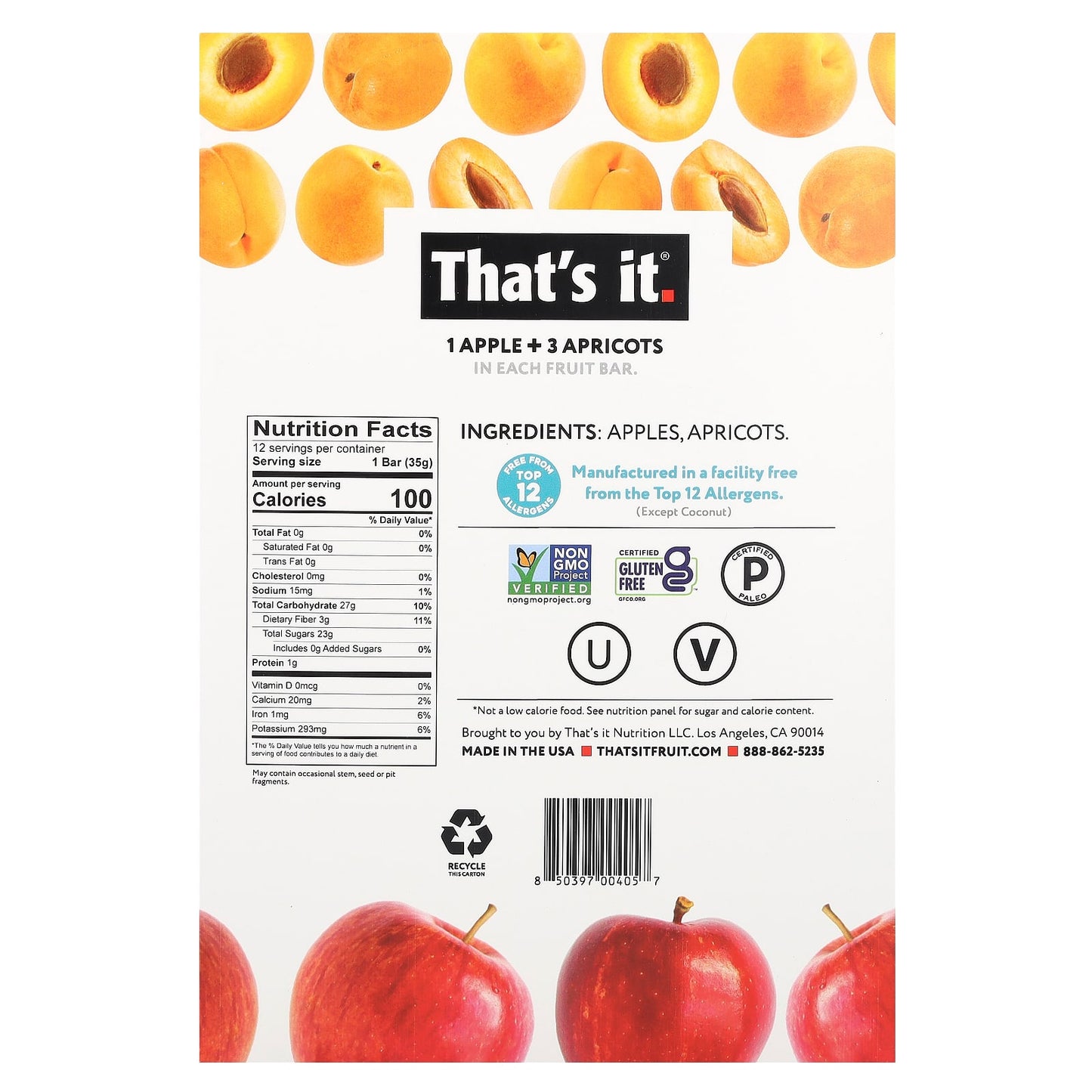 That's It, Fruit Bars, Apple + Apricots, 12 Bars, 1.2 oz (35 g) Each