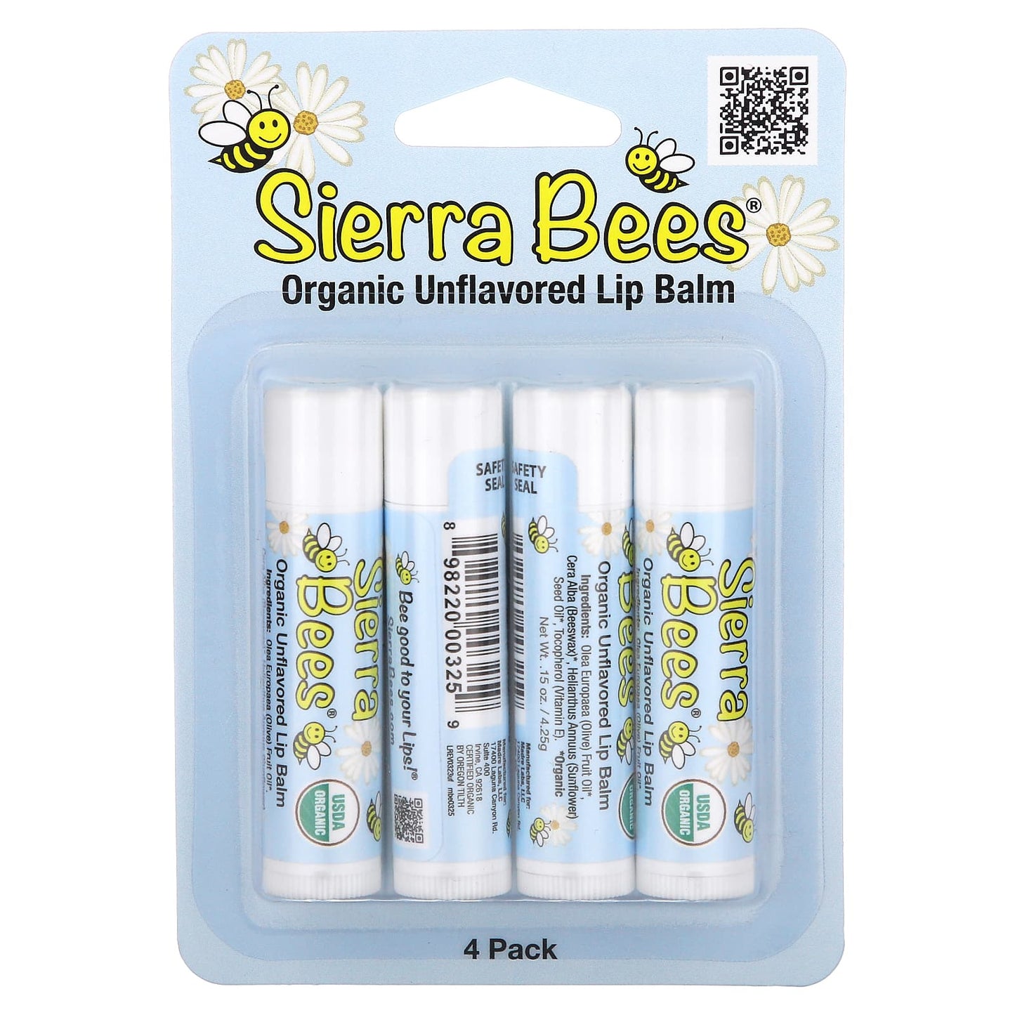 Sierra Bees, Organic Lip Balms, Unflavored, 4 Pack, 0.15 oz (4.25 g) Each