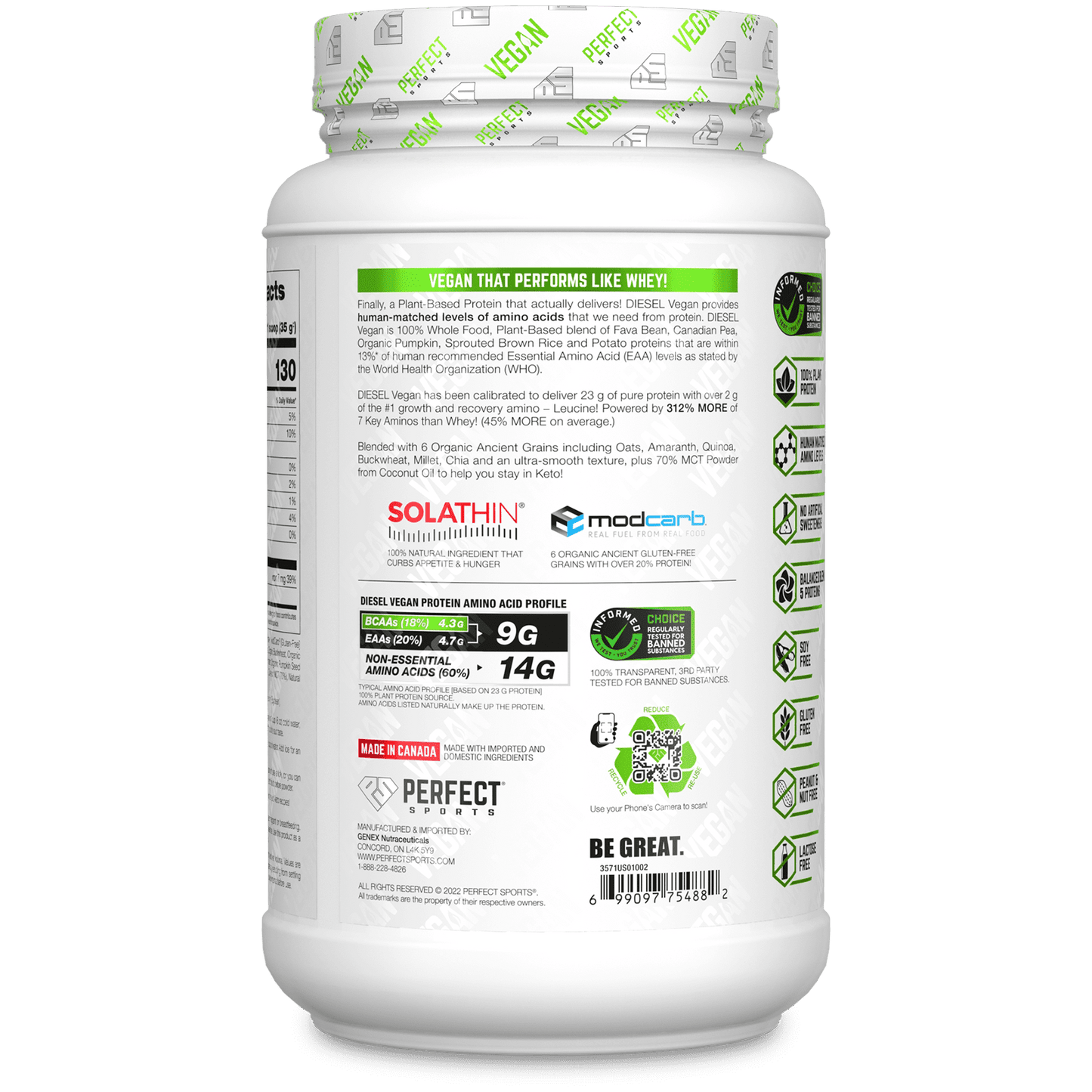 Perfect Sports, Vegan Diesel, 100% Plant-Based Protein Blend, Chocolate Ice Cream, 1.5 lb  (700 g)