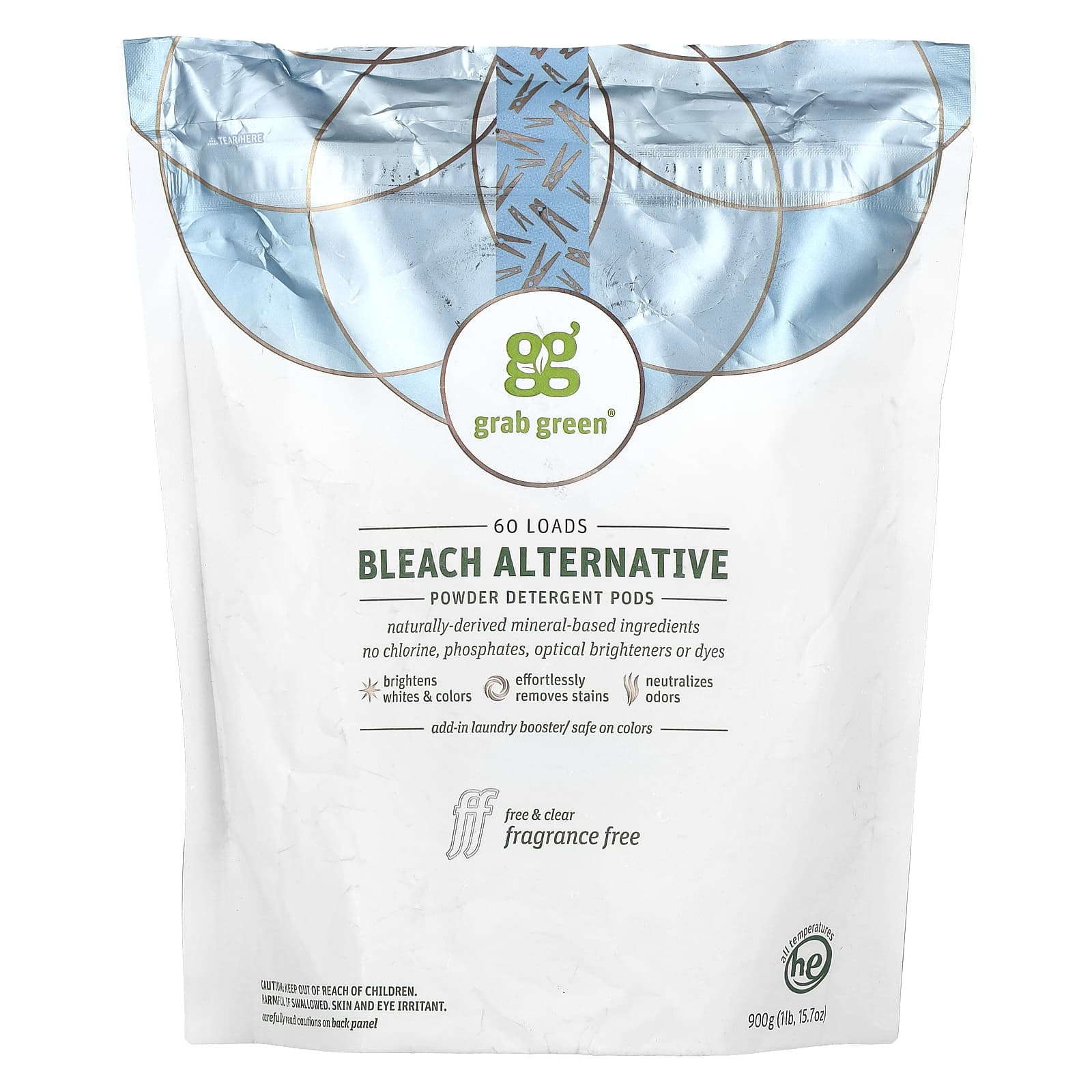 Grab Green-Bleach Alternative-Powder Detergent Pods-Fragrance Free-60 Loads-1 lbs-15.7 oz (900 g)