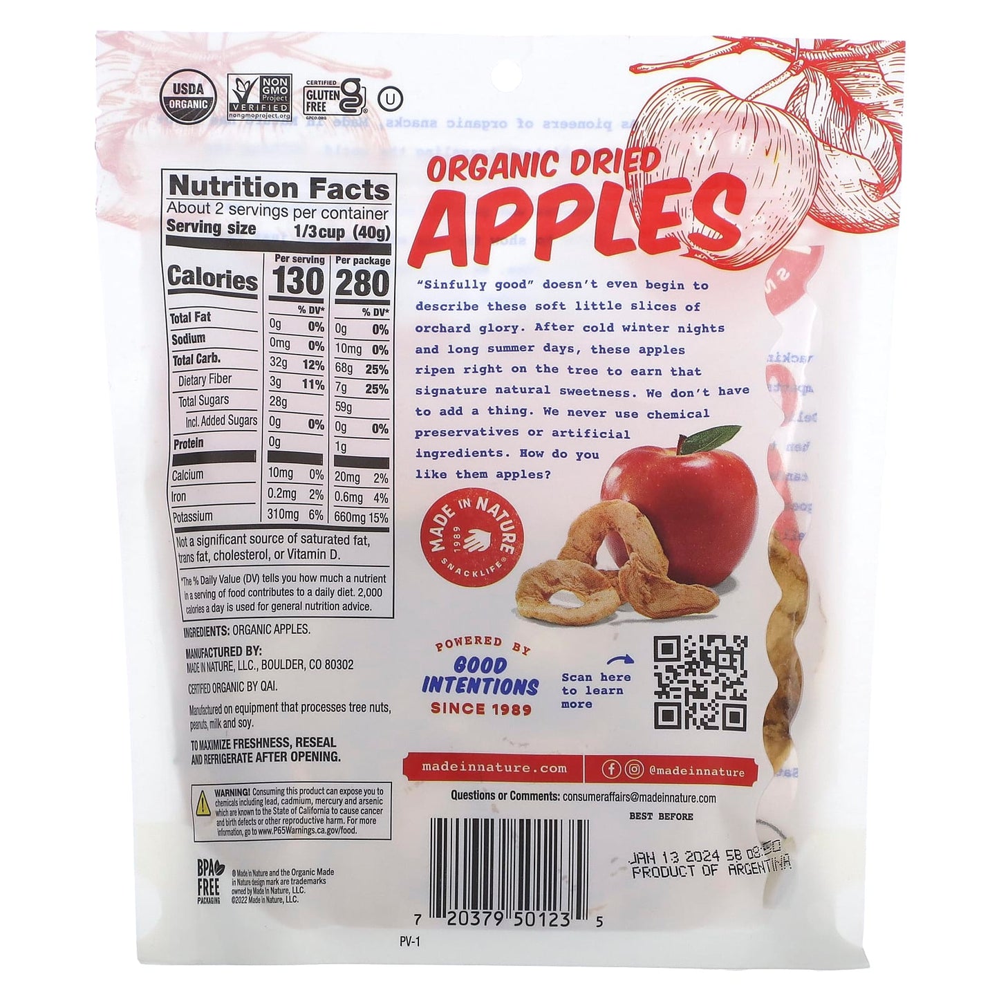 Made in Nature, Organic Dried Apples, Sun-Ripened & Unsulfured, 3 oz (85 g)