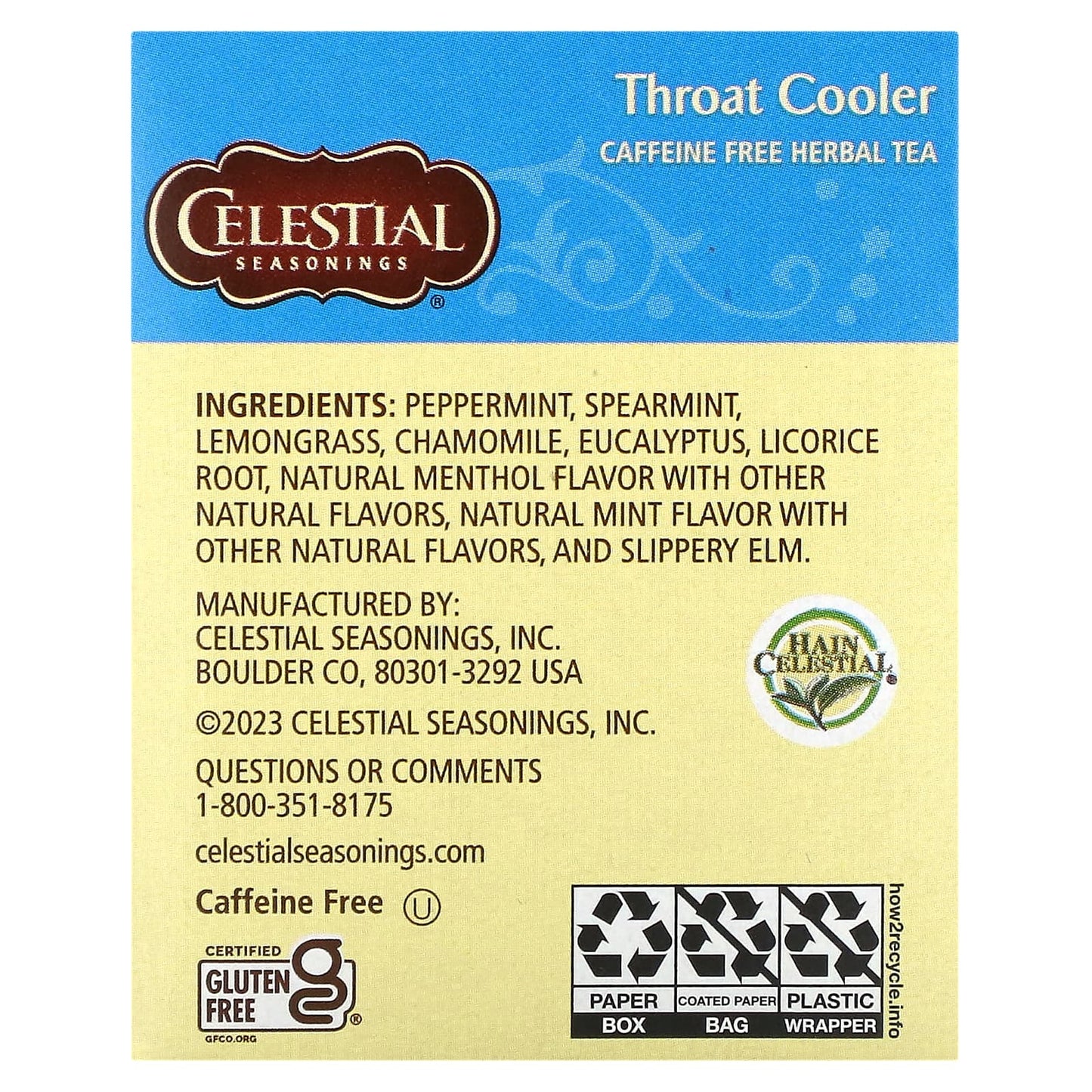 Celestial Seasonings, Herbal Tea, Throat Cooler, Caffeine Free, 16 Tea Bags, 0.96 oz (27 g)