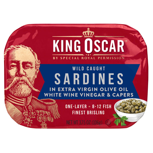 King Oscar-Wild Caught-Sardines In Extra Virgin Olive Oil-White Wine Vinegar & Capers-3.75 oz (106 g)