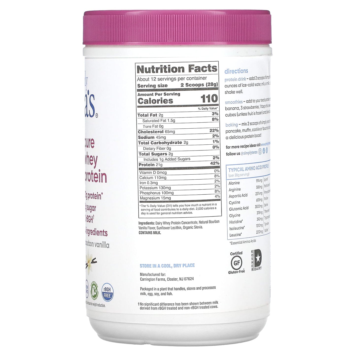 Simply Tera's, Grass Fed, Simply Pure Whey Protein, Bourbon Vanilla, 12 oz (340 g)