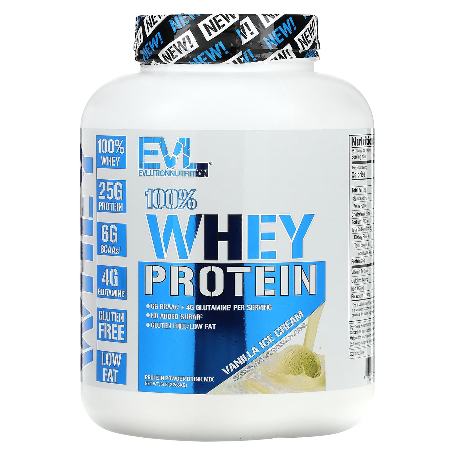 EVLution Nutrition-100% Whey Protein-Vanilla Ice Cream-5 lb (2.268 kg)