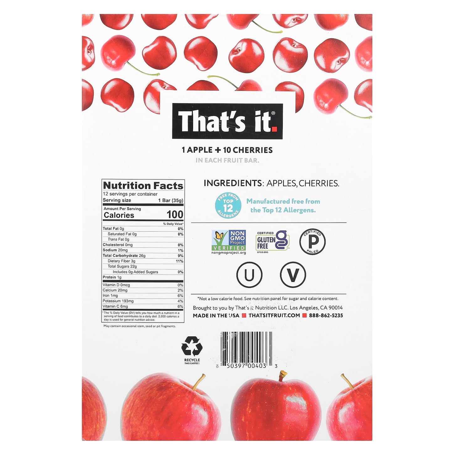 That's It, Fruit Bars, Apple + Cherries, 12 Bars, 1.2 oz (35 g) Each