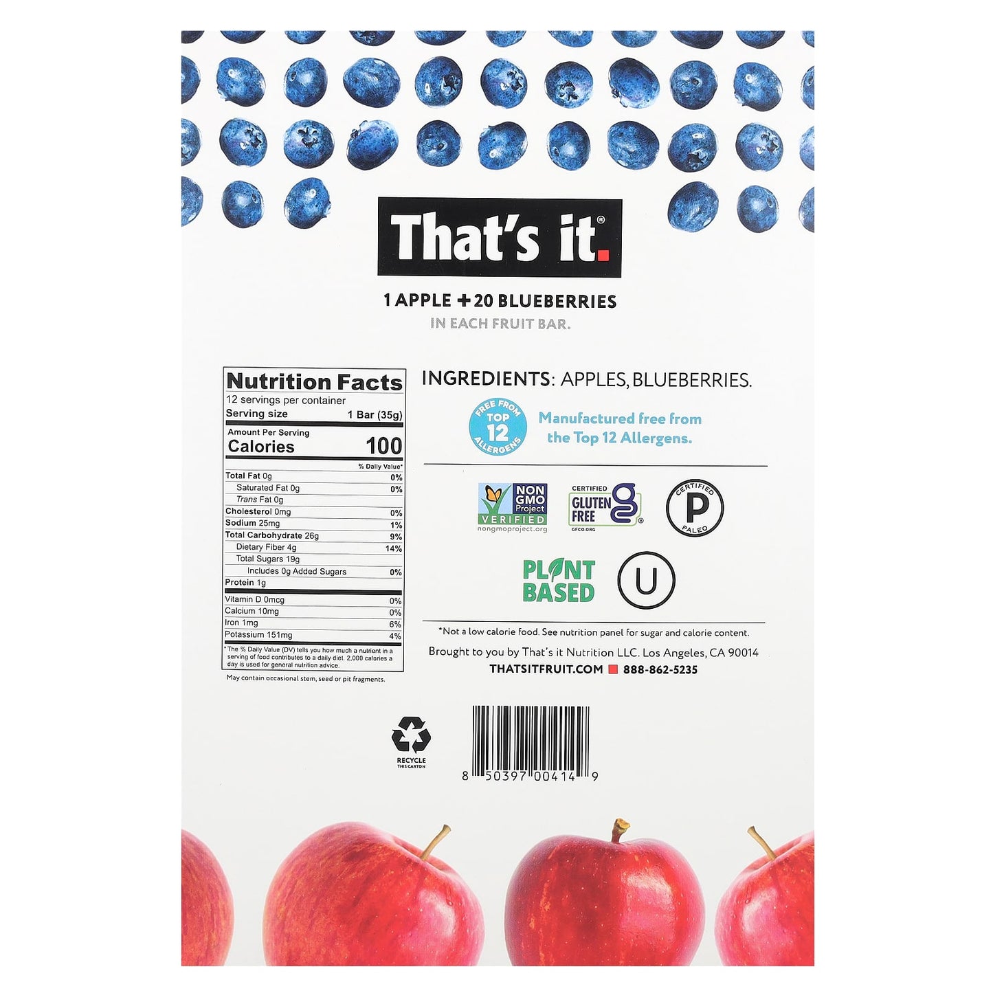 That's It, Fruit Bars, Apple + Blueberries, 12 Bars, 1.2 oz (35 g) Each