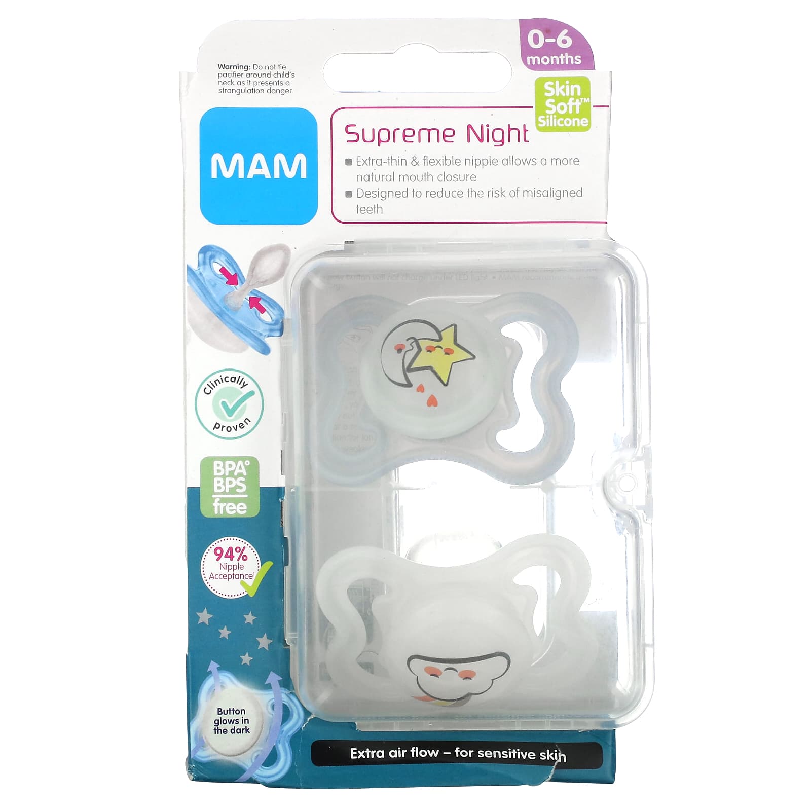 MAM-Supreme Night Pacifier-0-6 Months-Clear-2 Count