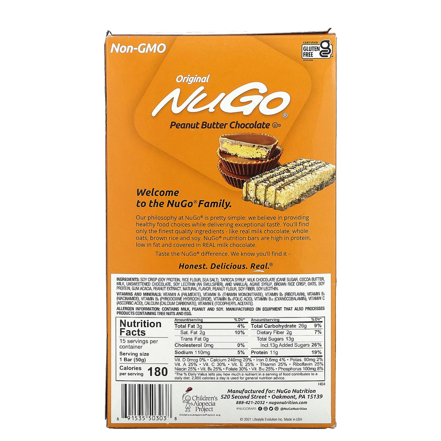 NuGo Nutrition, Original Peanut Butter Chocolate Bars, 15 Bars, 1.76 oz (50 g) Each