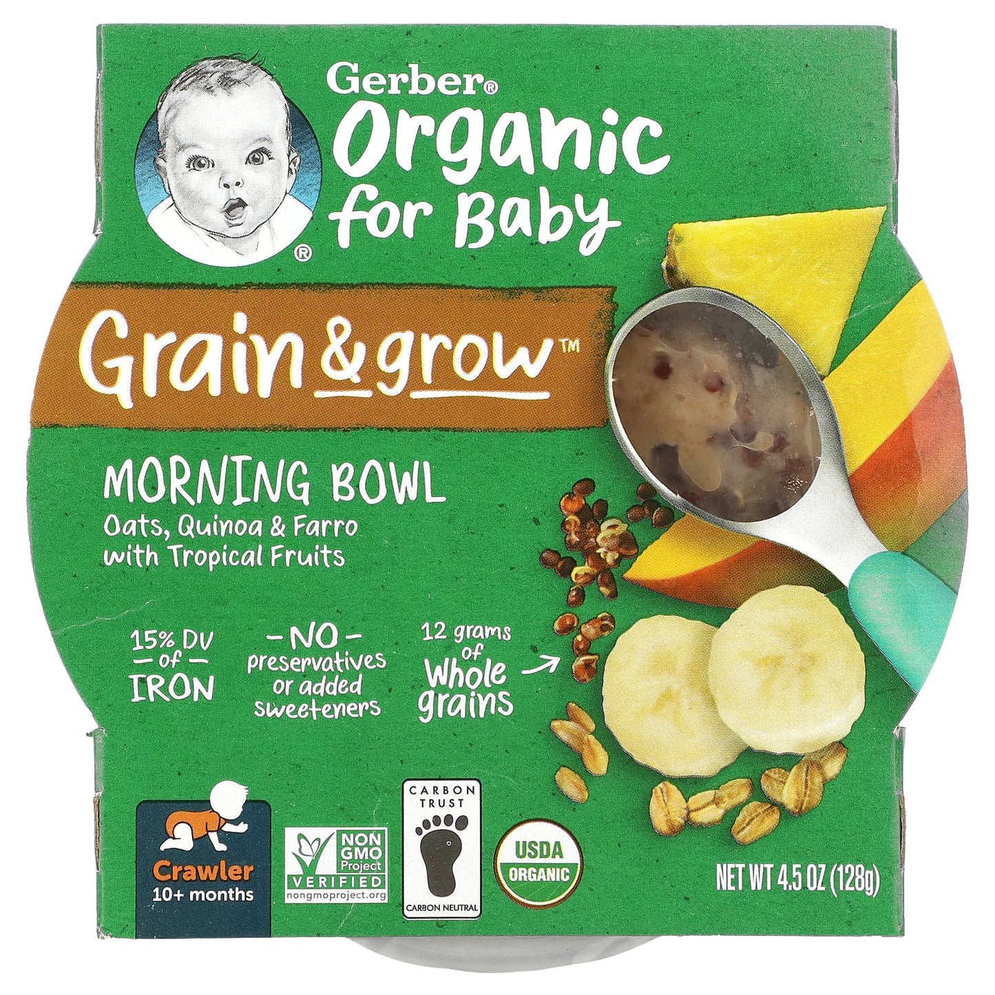 Gerber-Organic for Baby-Grain & Grow-Morning Bowl-10+ Months-Oats-Red Quinoa & Farro with Tropical Fruits-4.5 oz (128 g)