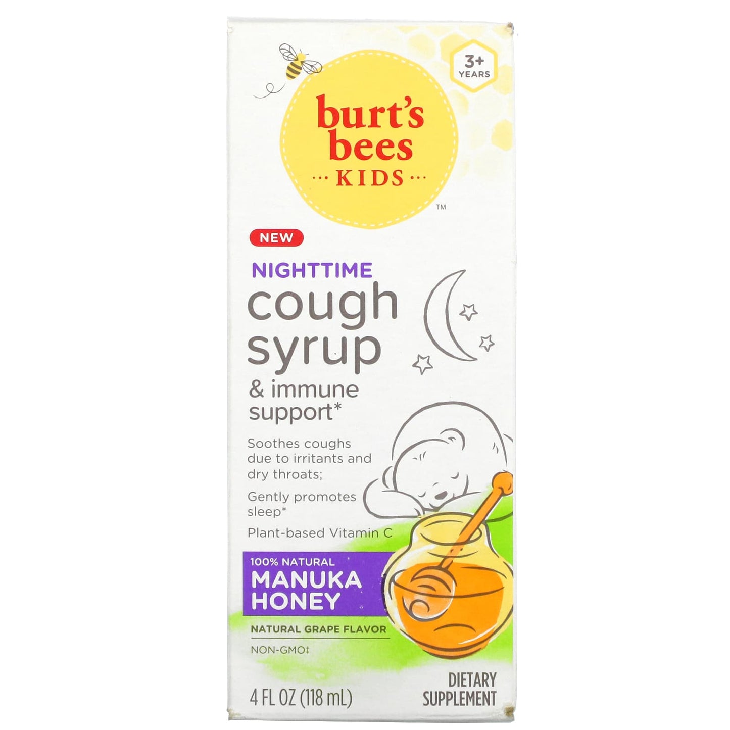 Burt's Bees-Kids-Cough Syrup & Immune Support-Nighttime-3+ Years-Natural Grape-4 fl oz (118 ml)