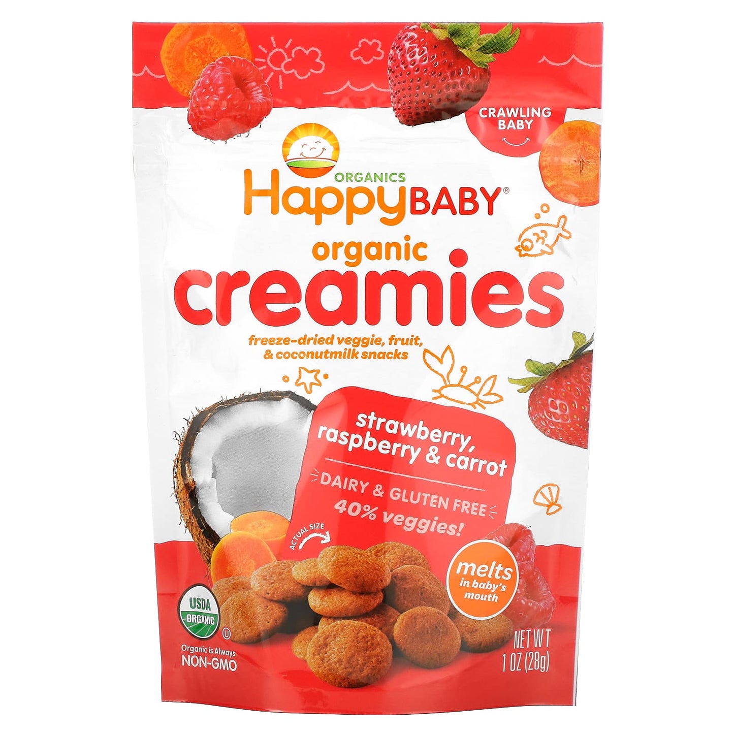 Happy Family Organics-Organic Creamies-Freeze-Dried Veggie-Fruit & Coconut Milk Snacks-Strawberry-Raspberry & Carrot-1 oz (28 g)