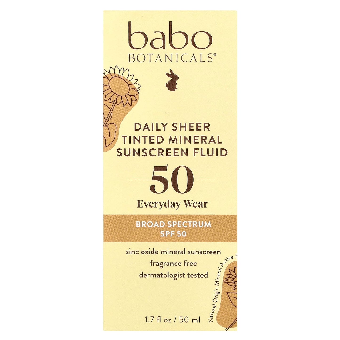 Babo Botanicals, Daily Sheer Tinted Mineral Sunscreen Fluid, SPF 50, Fragrance Free, 1.7 fl oz (50 ml)