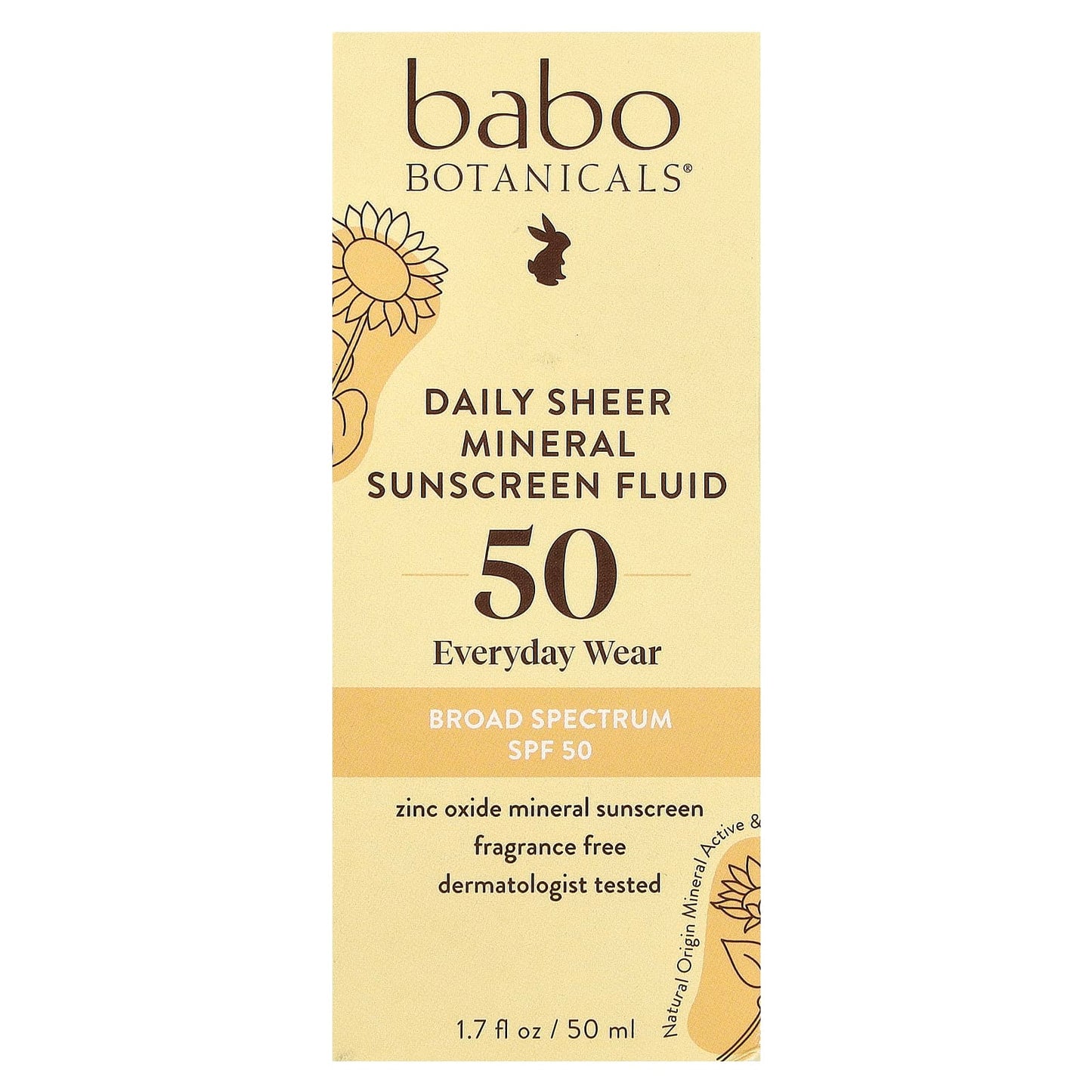 Babo Botanicals, Daily Sheer Mineral Sunscreen Fluid, SPF 50, Fragrance Free, 1.7 fl oz (50 ml)