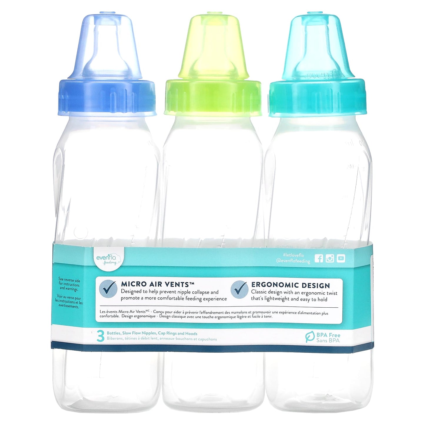 Evenflo Feeding, Classic Bottles, Standard, 0+ Months, Slow Flow, 3 Bottles, 8 oz (240 ml) Each