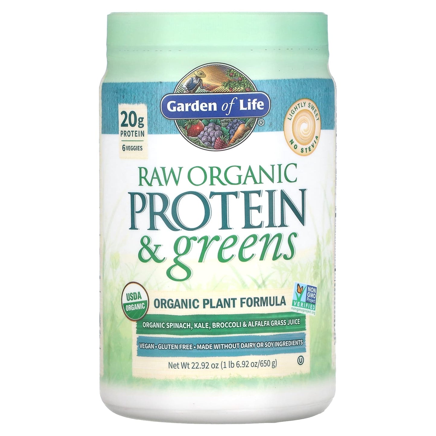 Garden of Life-RAW Organic Protein & Greens-Plant Formula-Lightly Sweet-22.92 oz (650 g)