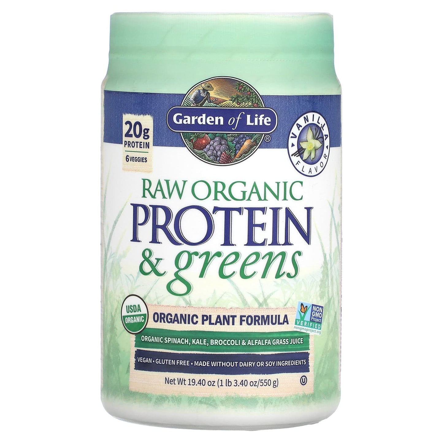 Garden of Life-RAW Organic Protein & Greens-Plant Formula-Vanilla-19.40 oz (550 g)