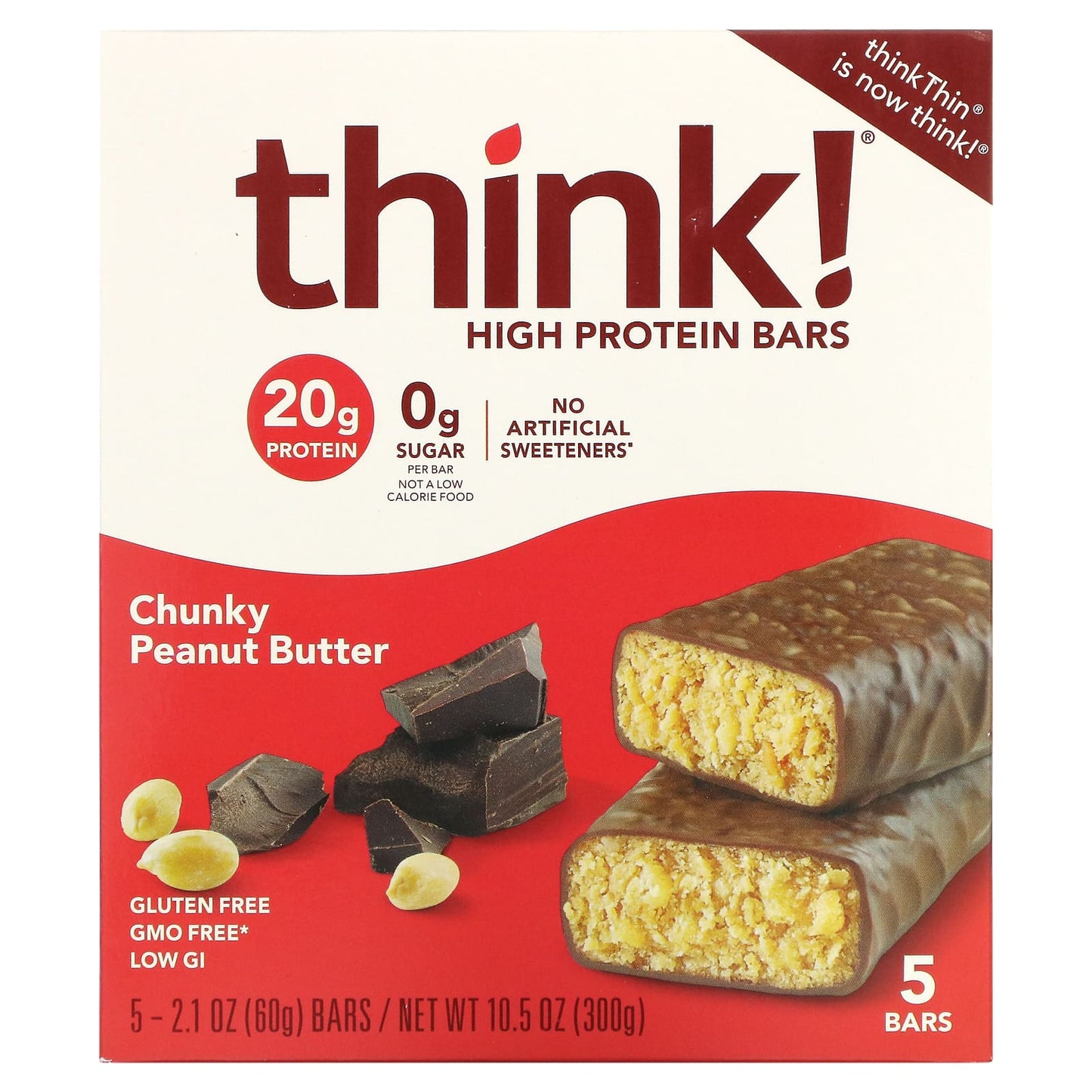 Think !-High Protein Bars-Chunky Peanut Butter-5 Bars-2.1 oz (60 g) Each