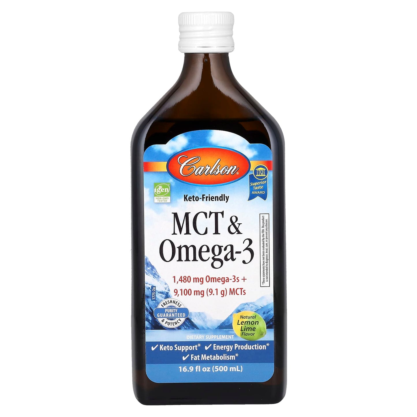 Carlson-MCT & Omega-3-Keto Friendly-Natural Lemon Lime-16.9 fl oz (500 ml)