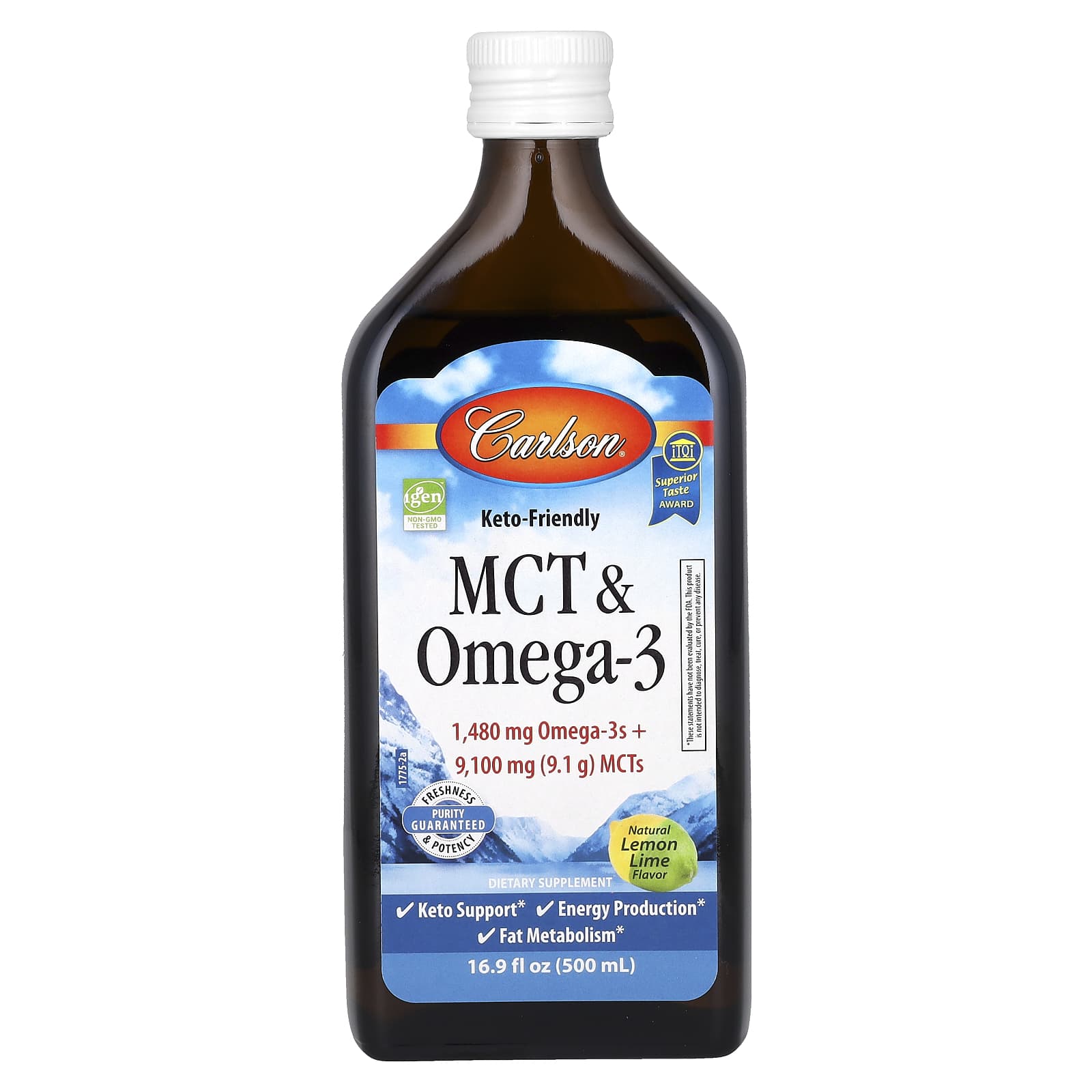 Carlson-MCT & Omega-3-Keto Friendly-Natural Lemon Lime-16.9 fl oz (500 ml)