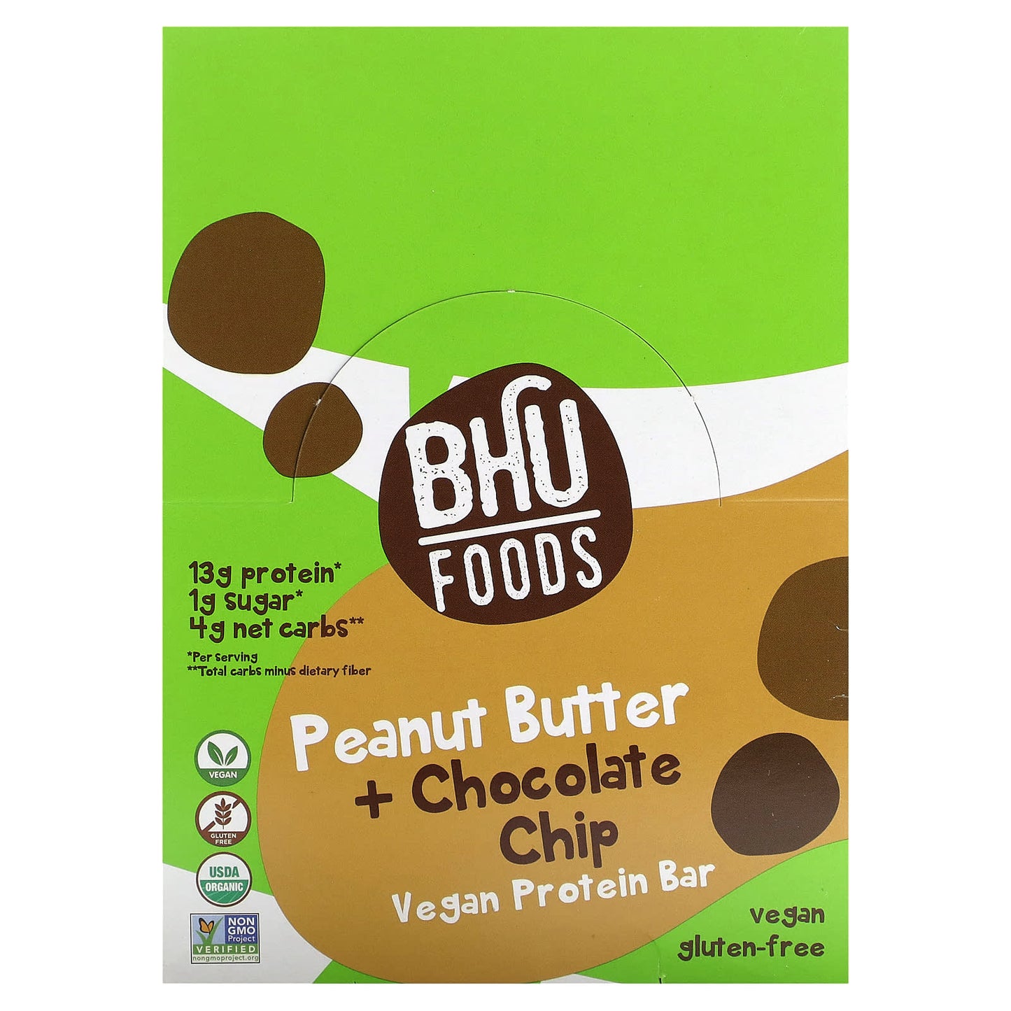 BHU Foods-Vegan Protein Bar-Peanut Butter + Chocolate Chip-12 Bars-1.6 oz (45 g) Each