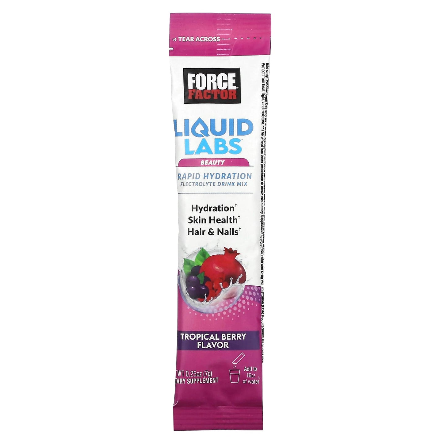 Force Factor, Liquid Labs Beauty, Rapid Hydration Electrolyte Drink Mix, Tropical Berry, 20 Stick Packs, 0.25 oz (7 g) Each