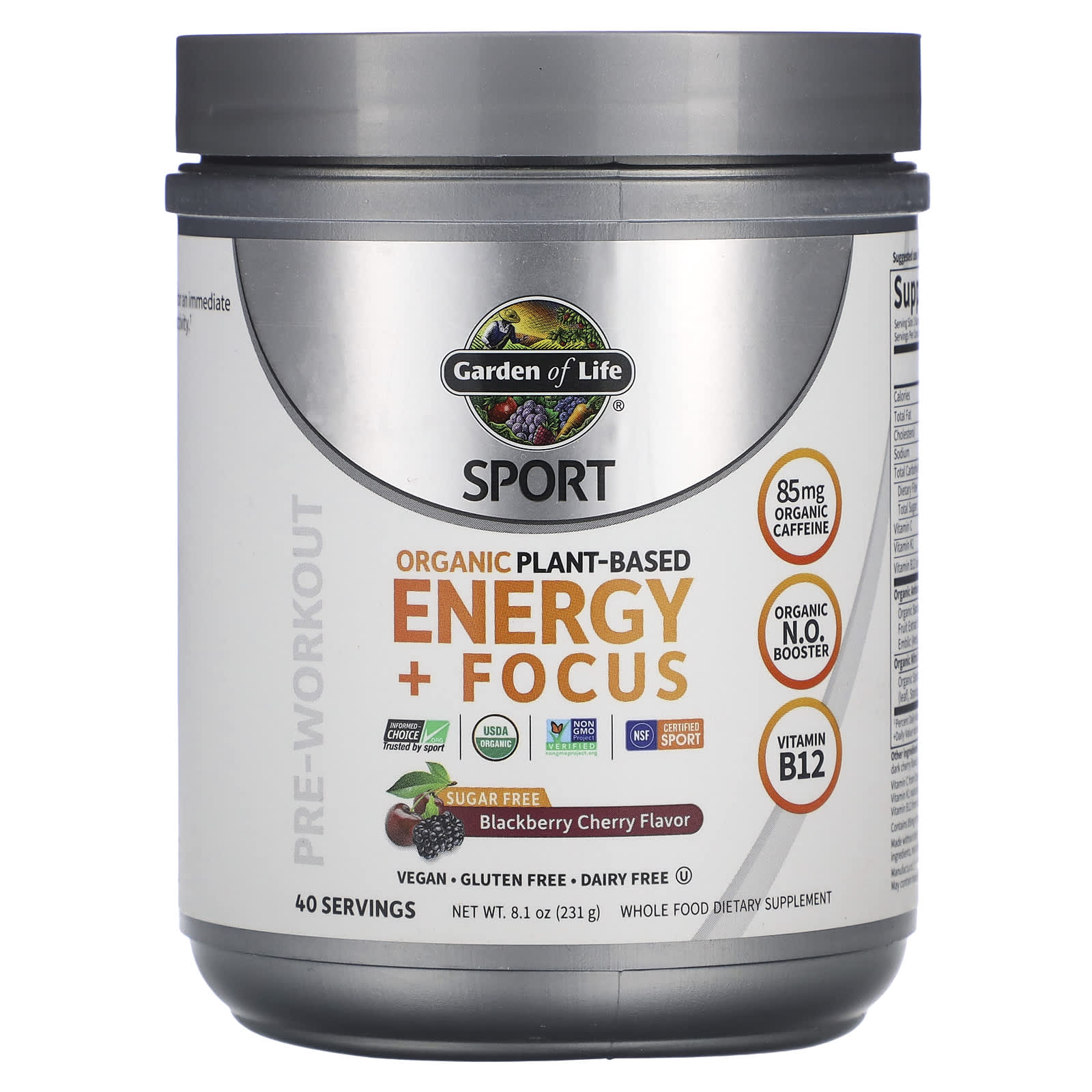 Garden of Life-Sport-Organic Plant-Based Energy + Focus-Pre-Workout-Blackberry Cherry-8.1 oz (231 g)