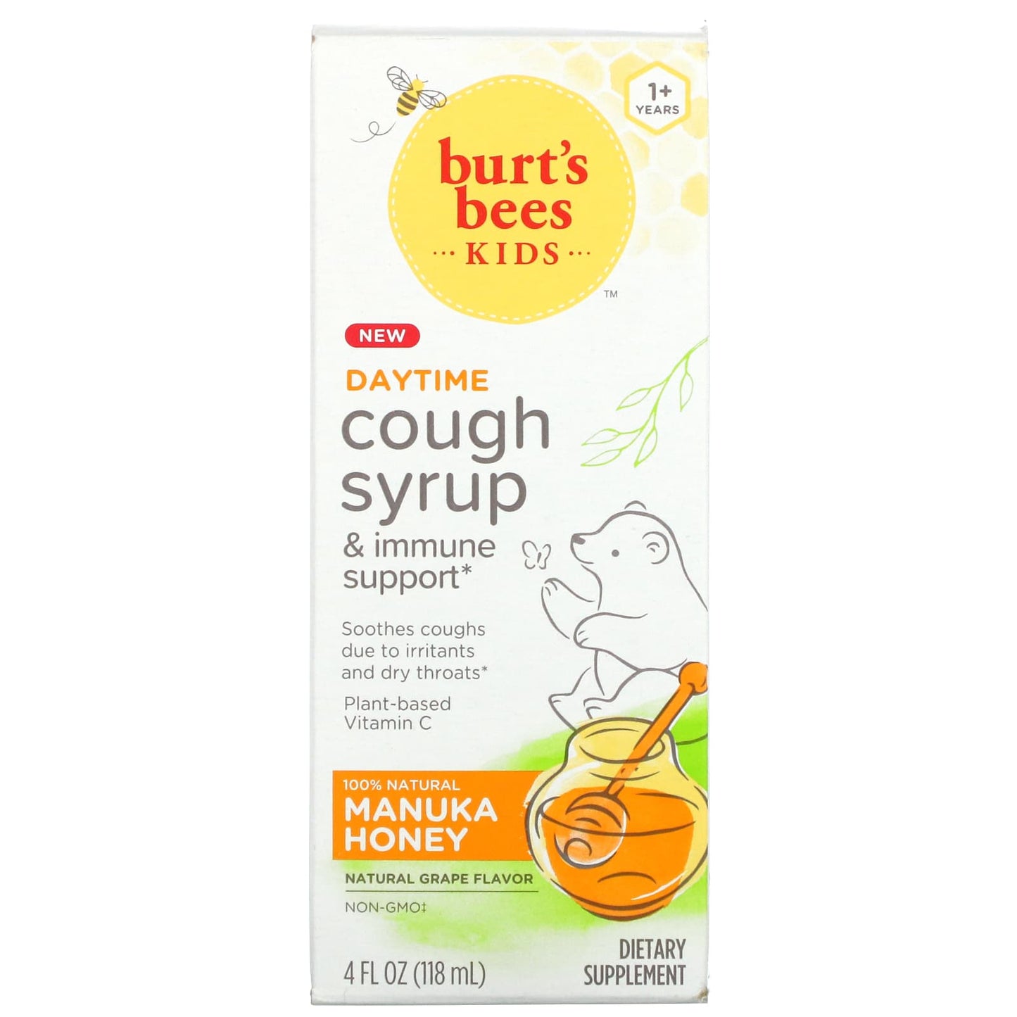 Burt's Bees-Kids-Cough Syrup & Immune Support-Daytime-1+ Years-Natural Grape-4 fl oz (118 ml)