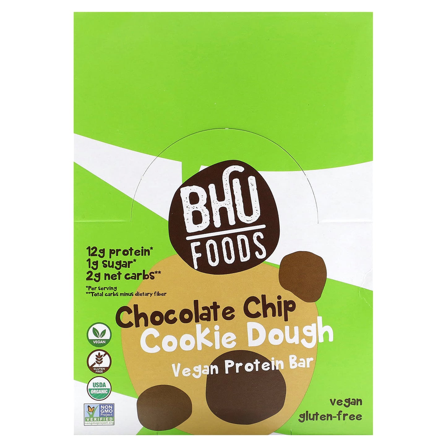 BHU Foods-Vegan Protein Bar-Chocolate Chip Cookie Dough-12 Bars-1.6 oz (45 g) Each