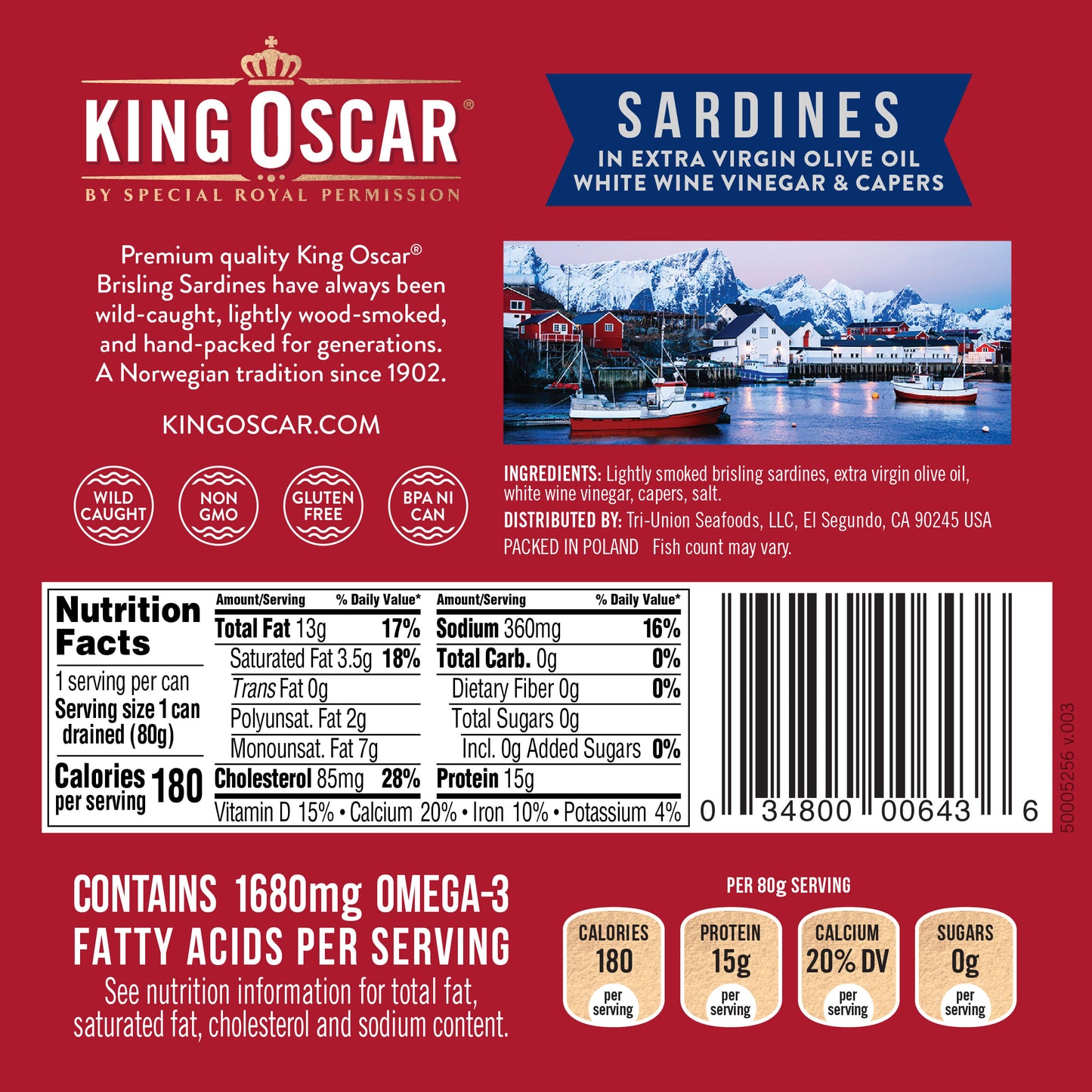 King Oscar, Wild Caught, Sardines In Extra Virgin Olive Oil, White Wine Vinegar & Capers, 3.75 oz (106 g)