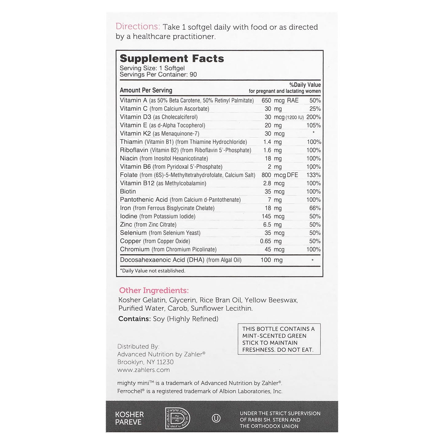 Zahler, Mighty Mini Prenatal + DHA, 100 mg, 90 Softgels