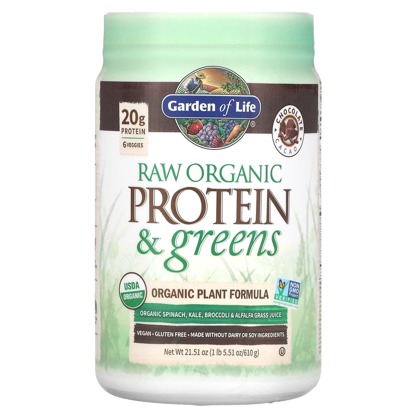 Garden of Life-RAW Organic Protein & Greens-Plant Formula-Chocolate Cacao-21.51 oz (610 g)