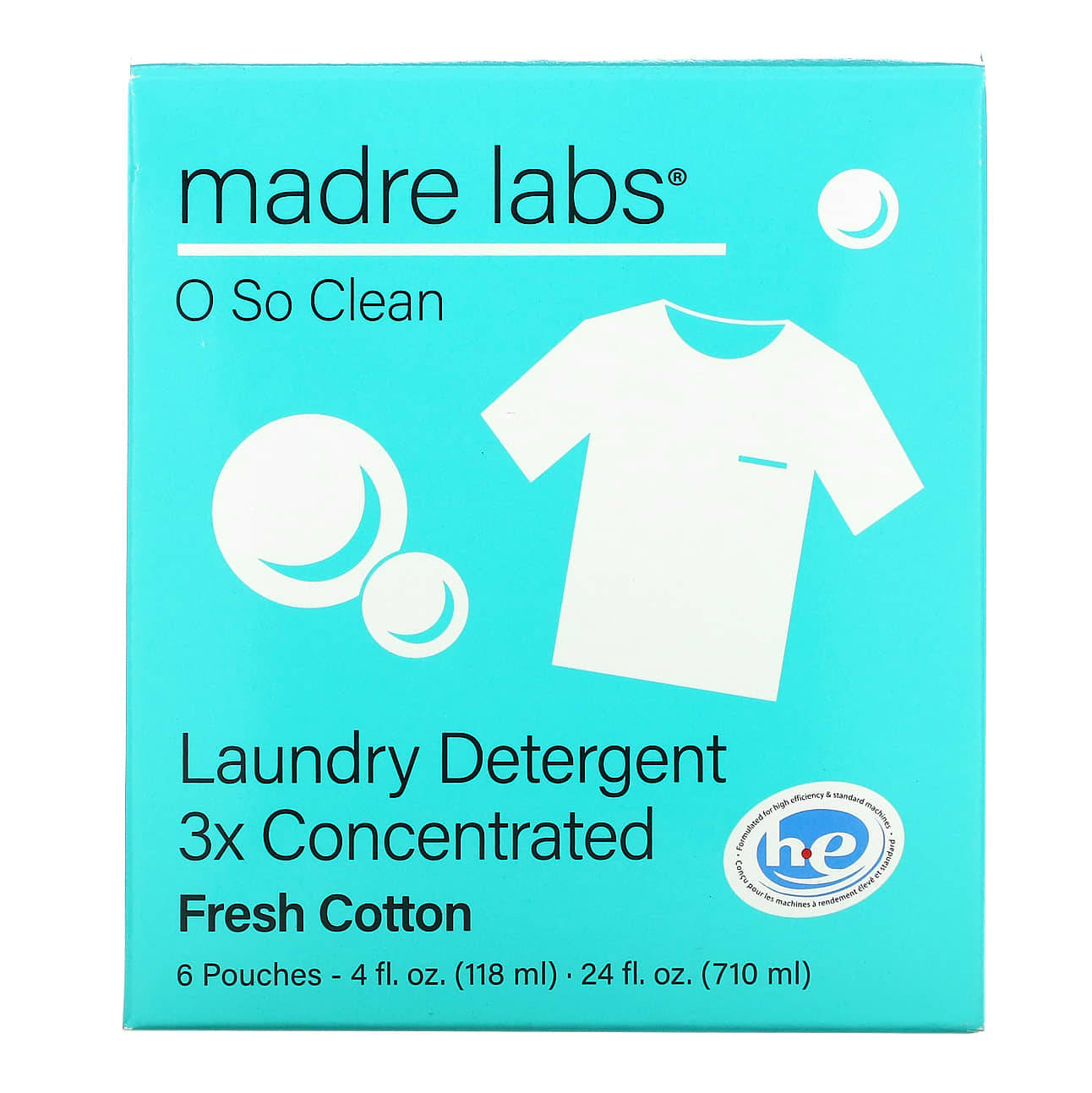 Madre Labs-Laundry Detergent-3x Concentrate Refill-Fresh Cotton-6 Pouches-4 fl oz (118 ml) Each