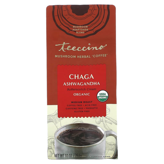 Teeccino-Mushroom Herbal Coffee-Chaga Ashwagandha-Medium Roast-Caffeine Free-10 oz (284 g)