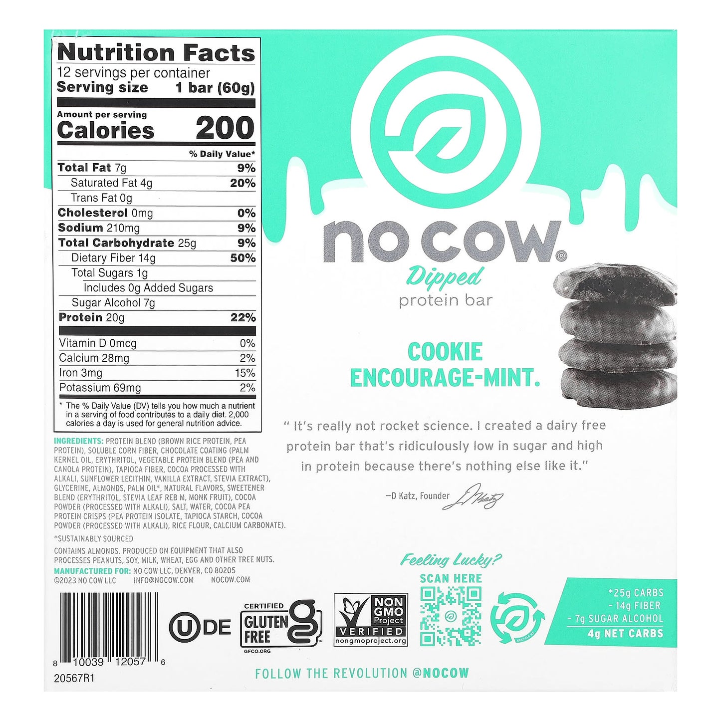 No Cow, Dipped Protein Bar, Chocolate Mint Cookie, 12 Bars, 2.12 oz (60 g) Each