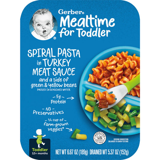 Gerber-Mealtime for Toddlers-12+ Months-Spiral Pasta In Turkey Meat Sauce and a Side of Green & Yellow Beans-6.67 oz (189 g)