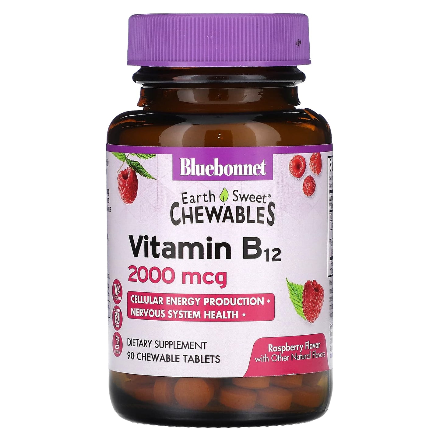 Bluebonnet Nutrition-EarthSweet Chewables-Vitamin B12-Raspberry -2,000 mcg-90 Chewable Tablets