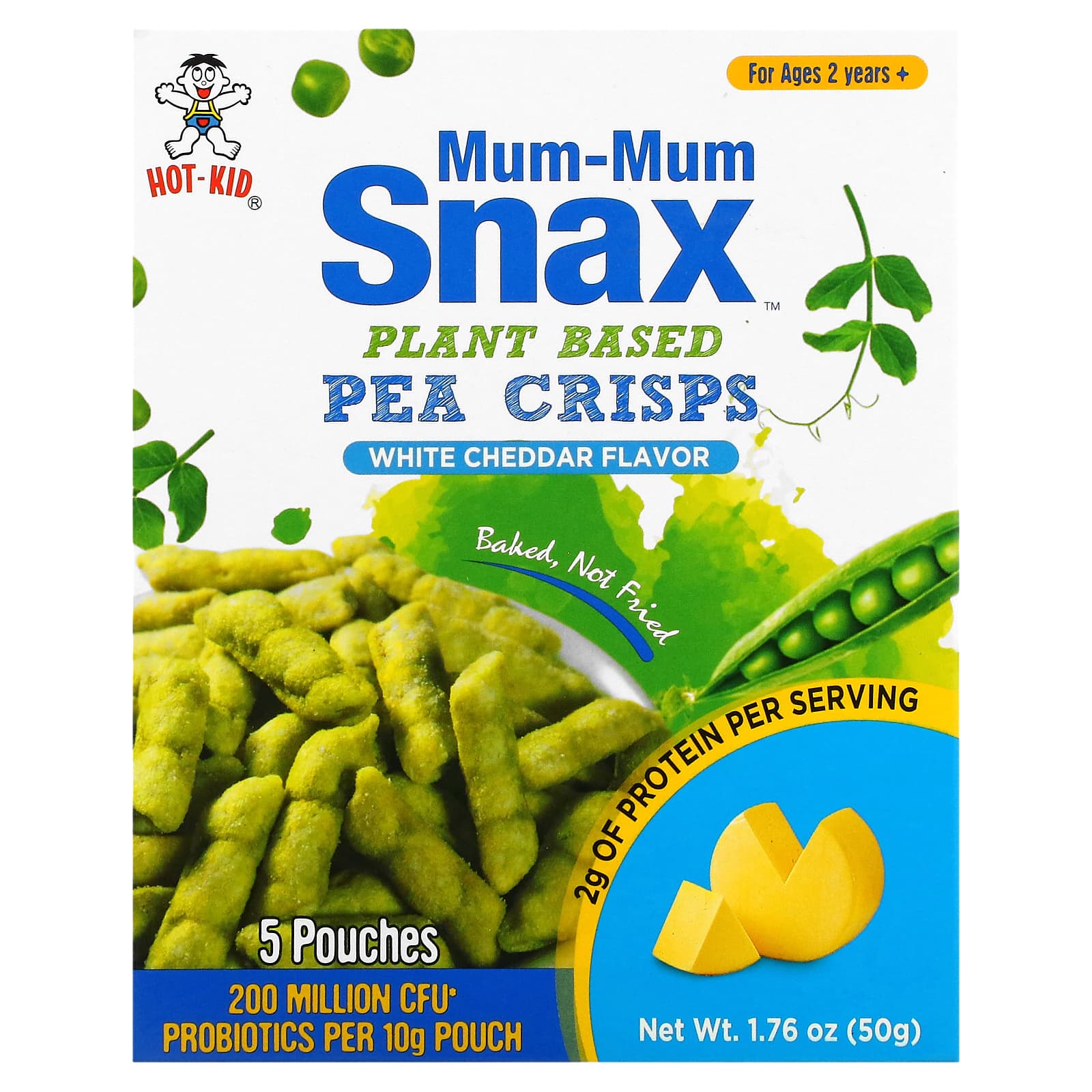 Hot Kid-Mum-Mum Snax-Baked Pea Crisps-Ages 2 Years+-White Cheddar-5 Pouches-10 g Each