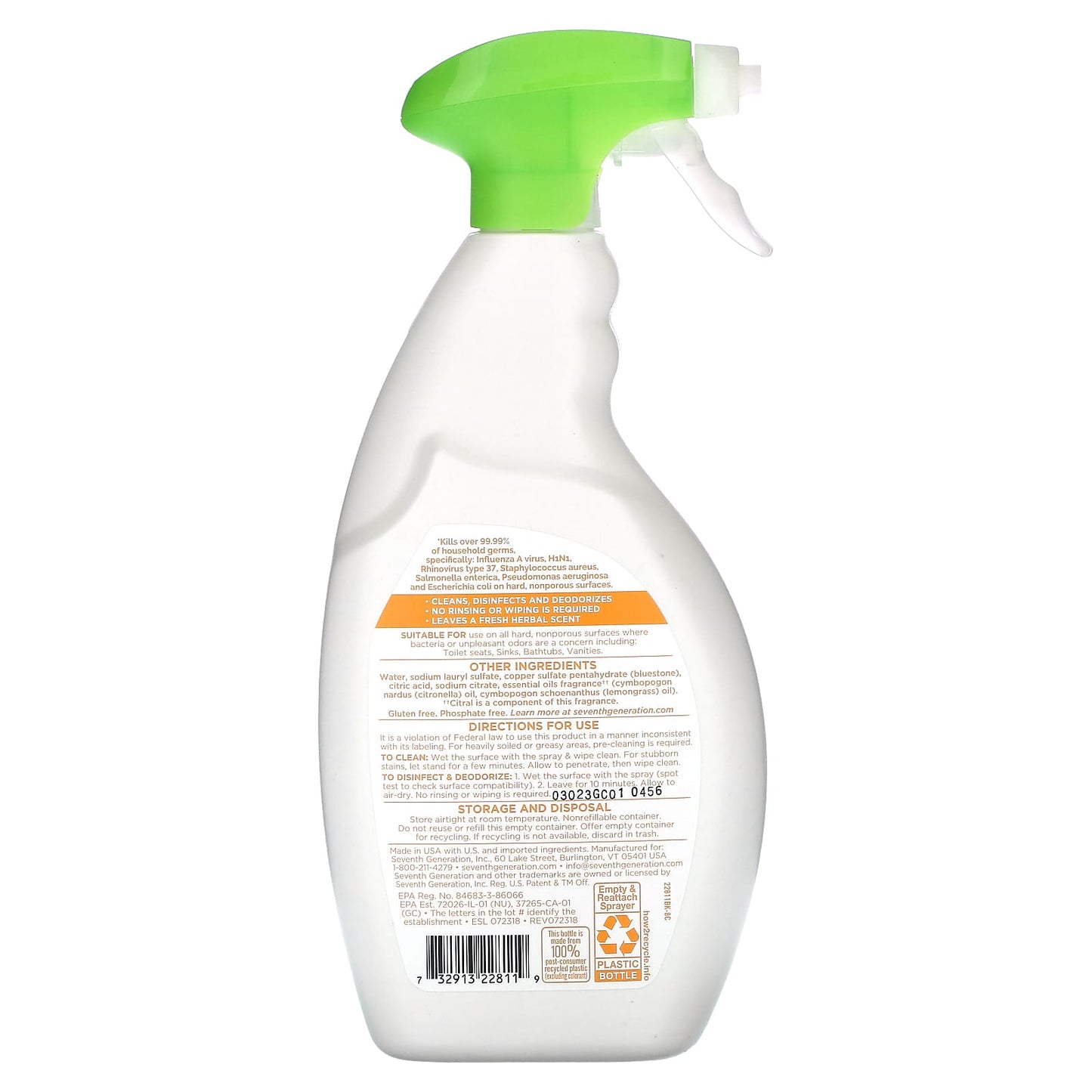 Seventh Generation, Disinfecting Bathroom Cleaner, Lemongrass Citrus, 26 fl oz (768 ml)