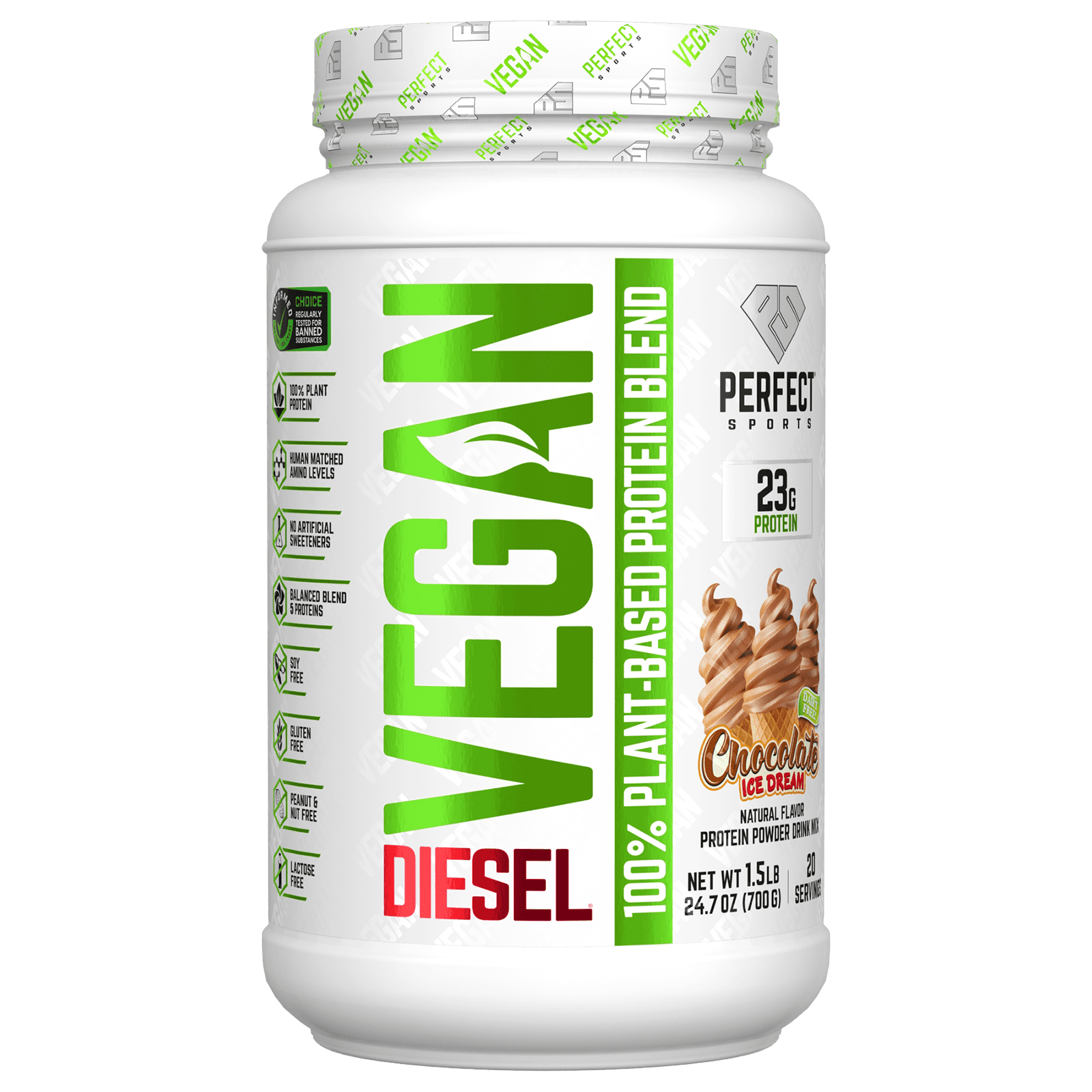 Perfect Sports-Vegan Diesel-100% Plant-Based Protein Blend-Chocolate Ice Cream-1.5 lb  (700 g)